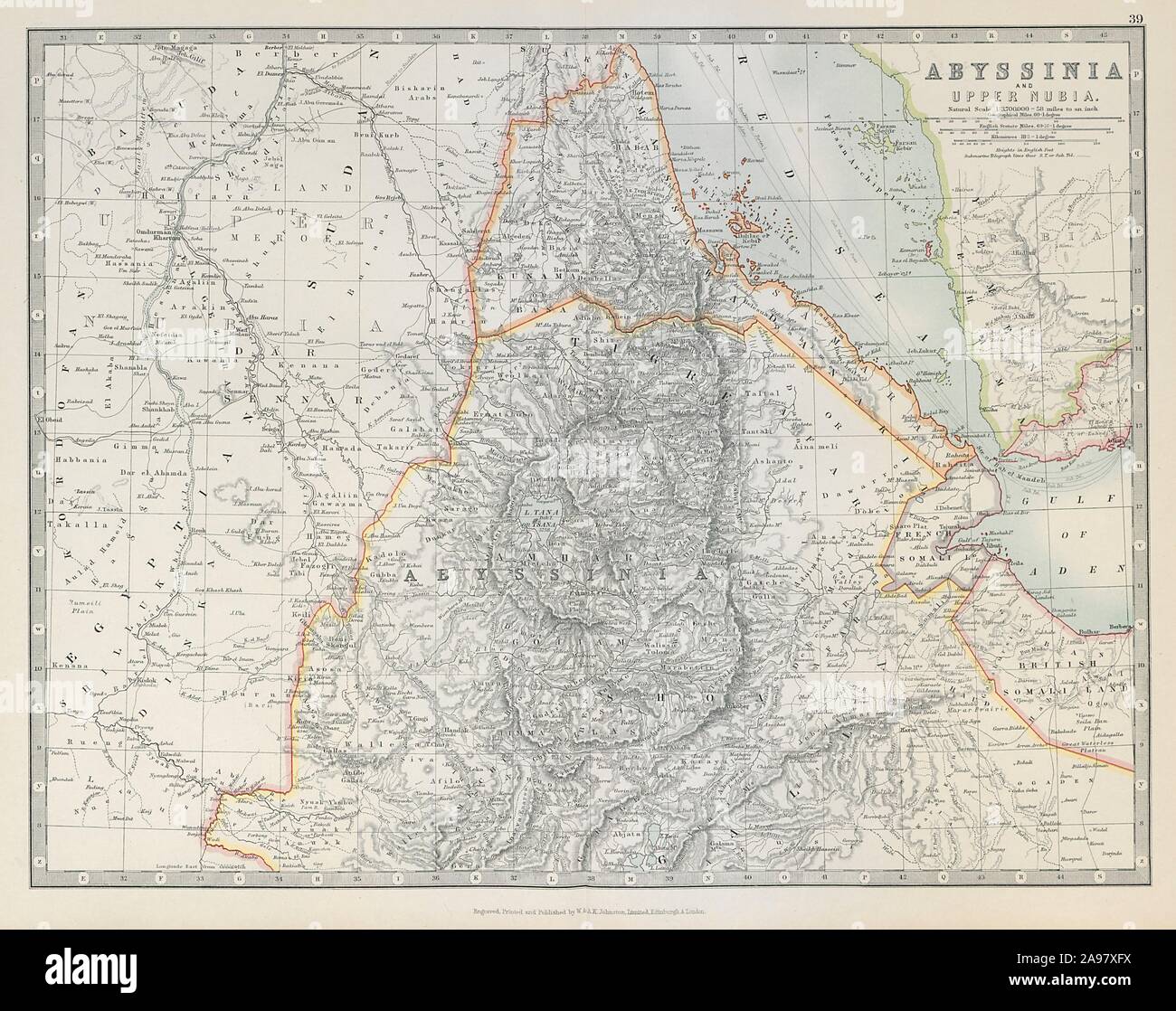 Abessinien & obere Nubien. Äthiopien Eritrea Französisch Somaliland. JOHNSTON 1915 Karte Stockfoto