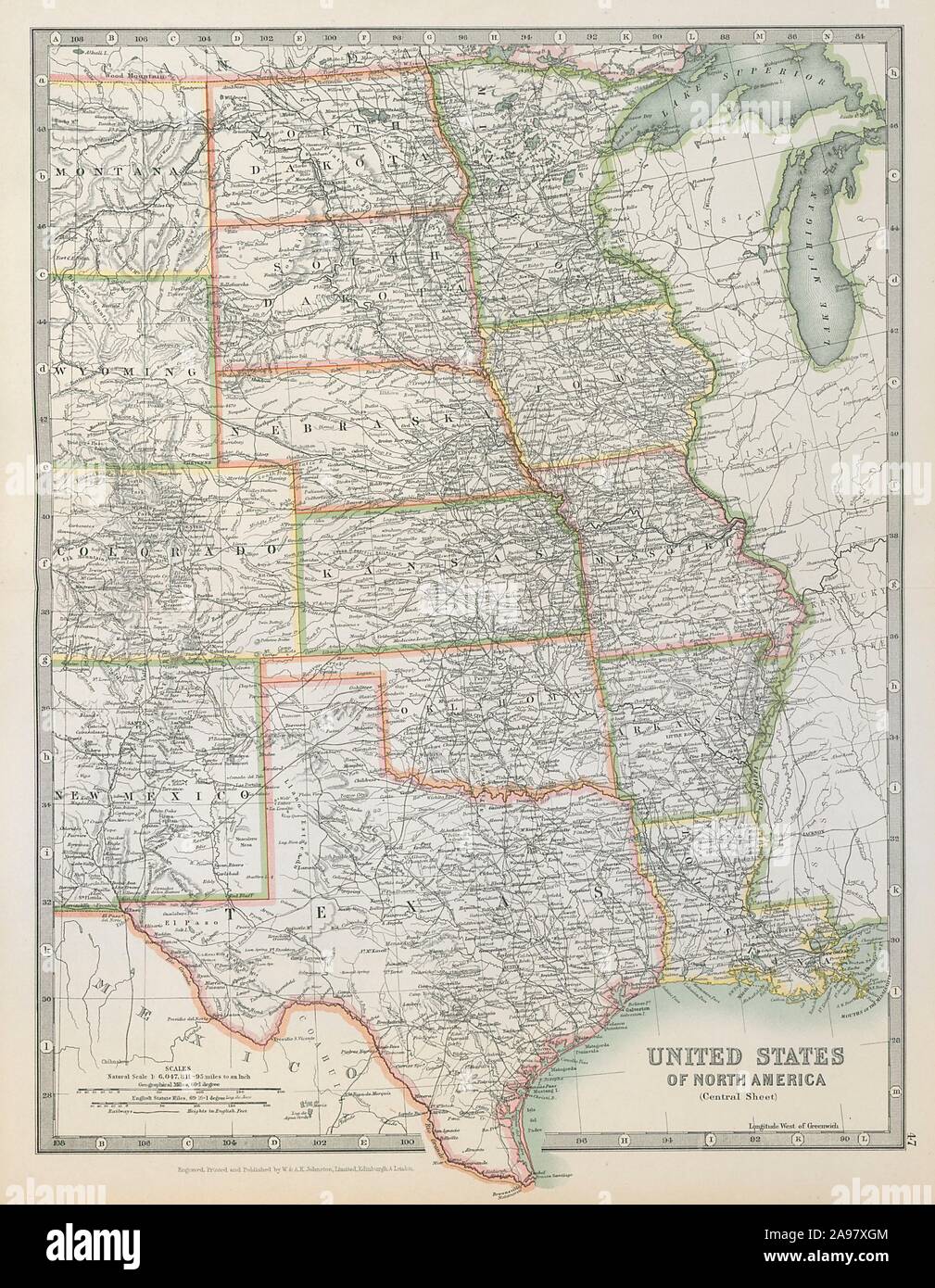MISSISSIPPI VALLEY. Zentralen Staaten der USA Texas USA Eisenbahnen. JOHNSTON 1915 Karte Stockfoto