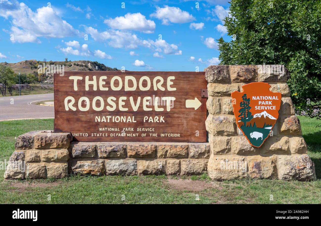 Eingangsschild zu Theodore Roosevelt National Park, North Dakota, USA Stockfoto