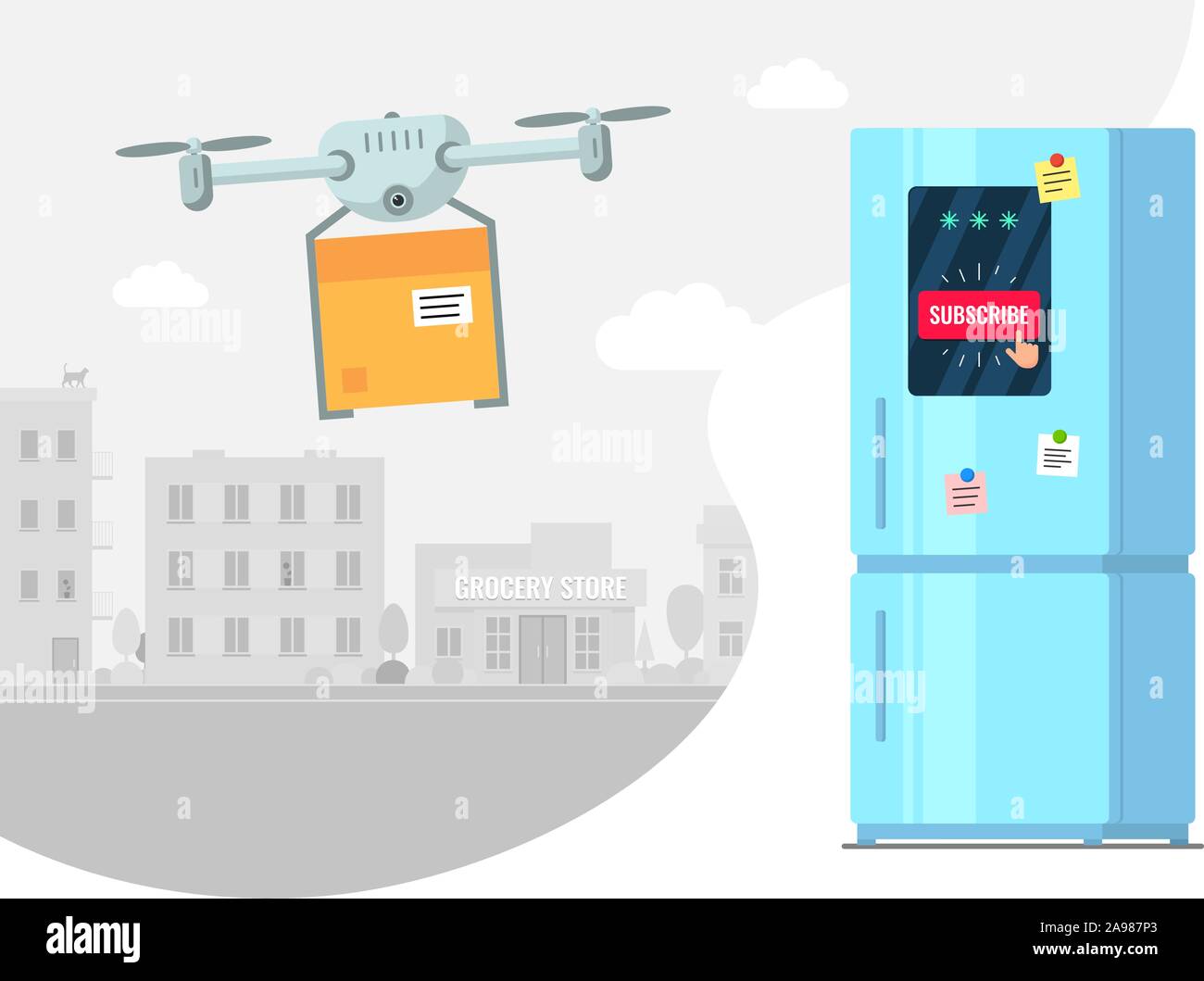 Produktlieferung abonnieren durch fliegende Drohne Konzept. Kühlschrank mit Abo Online-Shopping Waren-App aus dem Supermarkt. Quadcopter trägt Lebensmittel-Box von Lebensmittelgeschäft über Stadt Vektor-Illustration Stock Vektor