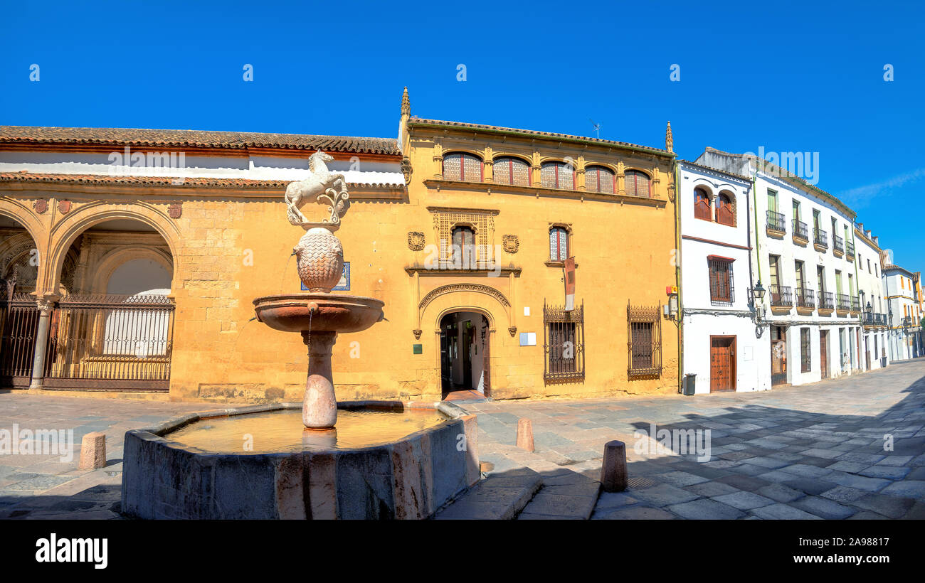 Panoramablick auf die Straße und den Platz von Colt (Plaza del Potro) mit Brunnen in Cordoba Stadtzentrum. Andalusien, Spanien Stockfoto