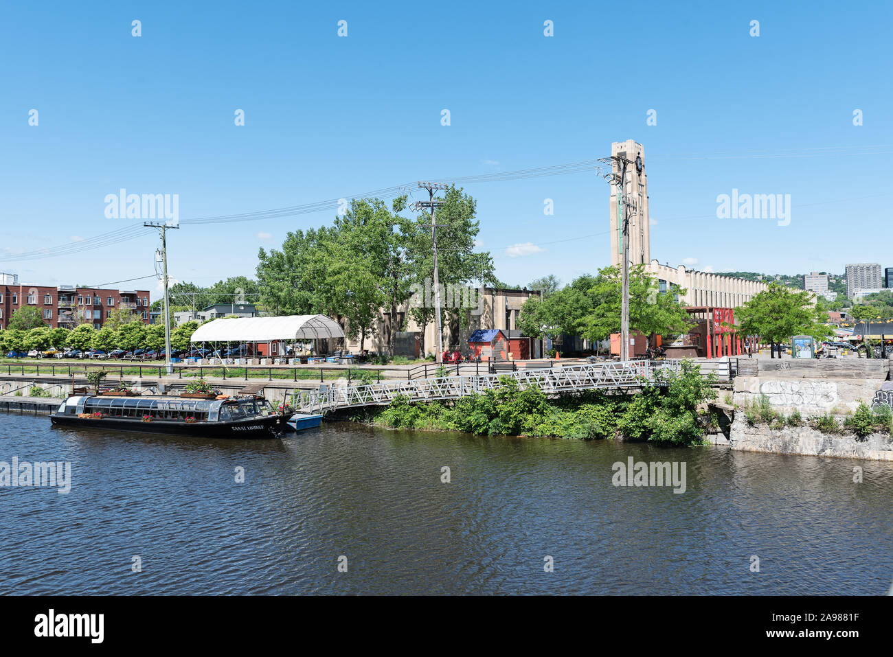 Lachine Canal und Atwater Market, Griffintown, Montreal, Quebec, Kanada Stockfoto