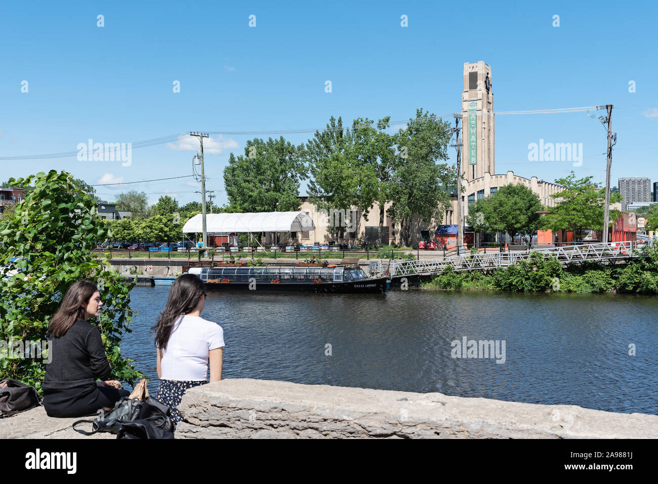 Lachine Canal und Atwater Market, Griffintown, Montreal, Quebec, Kanada Stockfoto