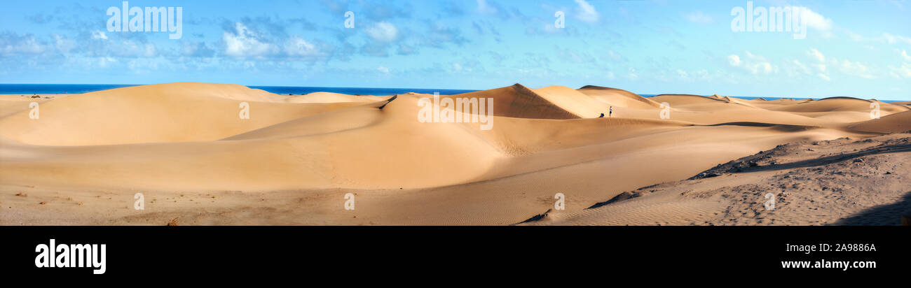 Weiten Panoramablick von Sanddünen im berühmten natürlichen Strand von Maspalomas. Gran Canaria, Kanarische Inseln, Spanien Stockfoto
