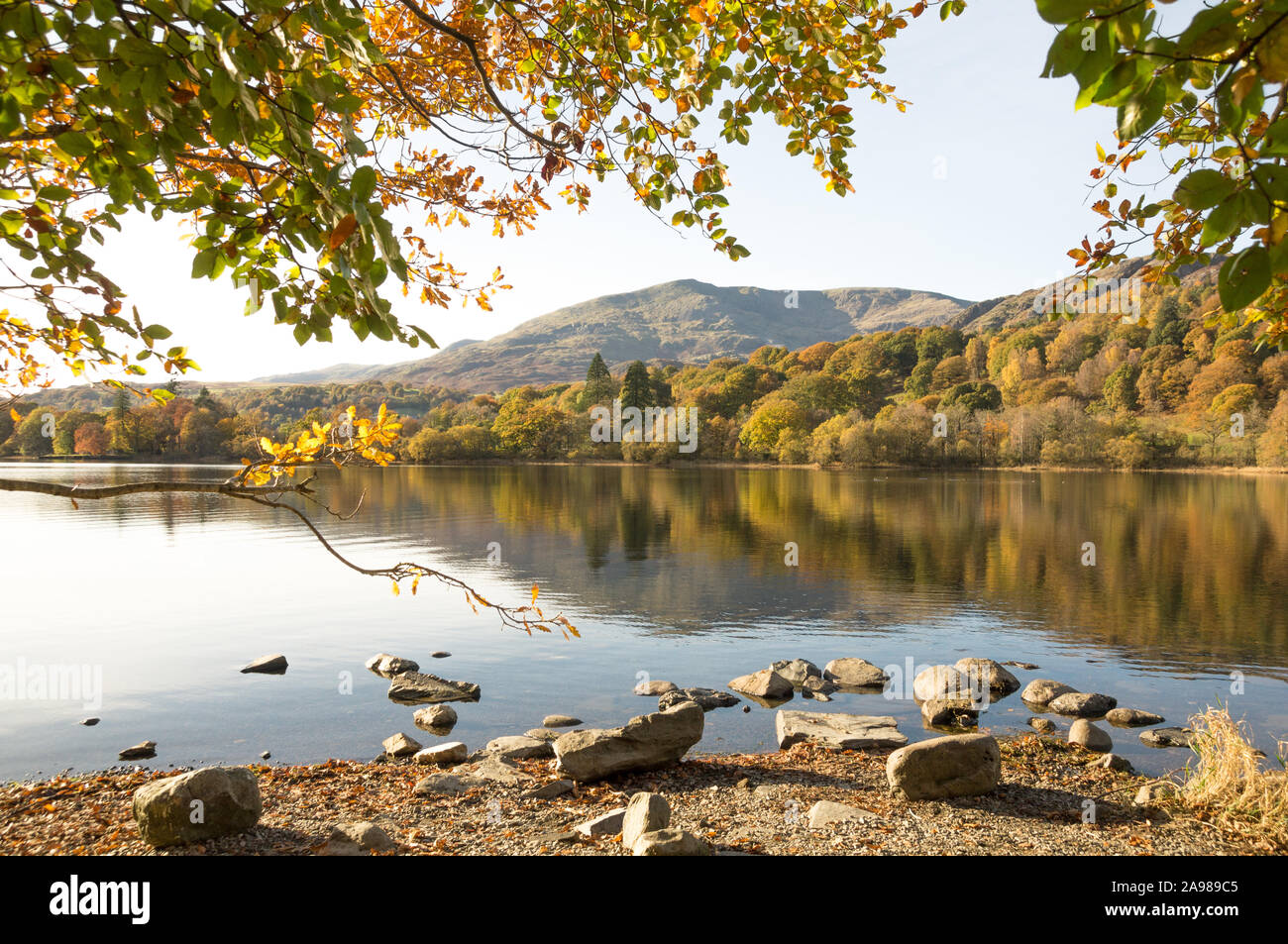 Der Blick über das Wasser vom Strand neben Mönch Coniston Parkplatz, Mönch Coniston, Coniston Water, dem englischen Lake District Weltkulturerbe Stockfoto