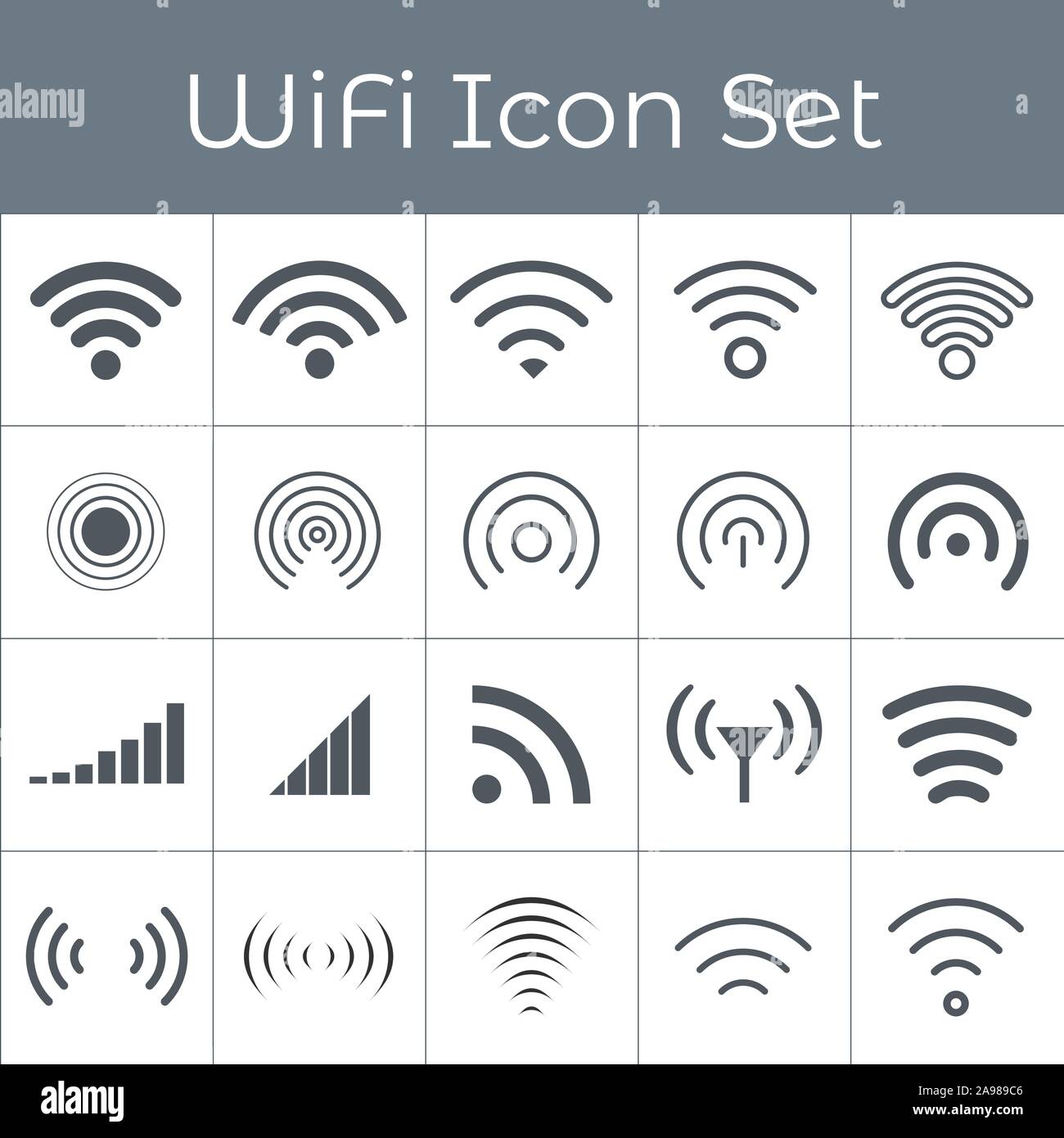 Set mit 20 verschiedenen Grau wireless und wlan Icons für den Fernzugriff und die Kommunikation über Funkwellen. Rundfunkübertragung. Vektor Stock Vektor