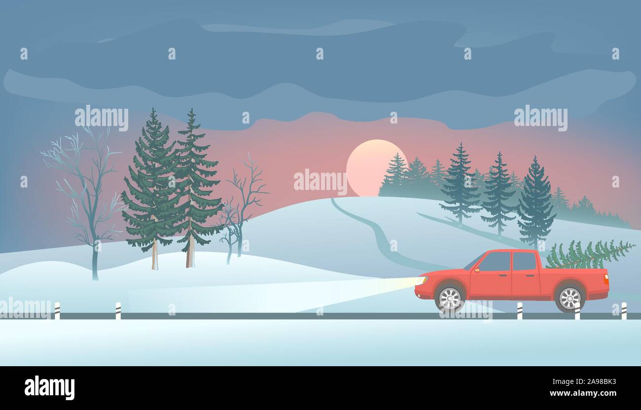 Pickup mit Weihnachtsbaum. Winterlandschaft. Tannen und auf der Straße. Stock Vektor