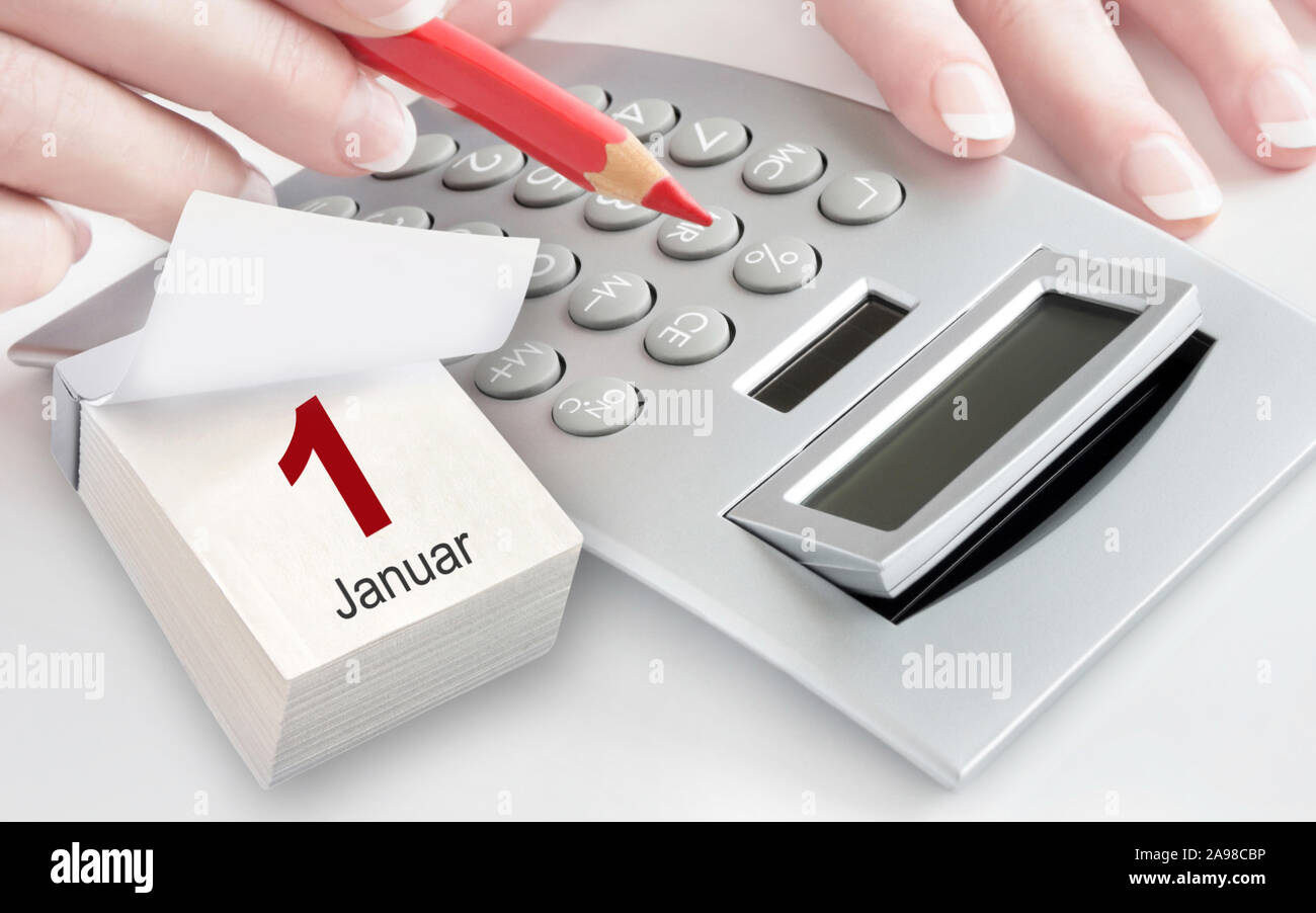 Februar Januar Finanzen, Rechner und Kalender Stockfoto