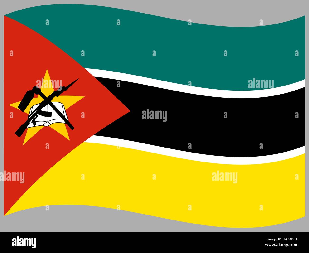 Die Flagge der Republik Mosambik. Die ursprünglichen Farben und Proportionen. Einfach Vektor eps Abbildung 10, aus Ländern Flag gesetzt. Stock Vektor