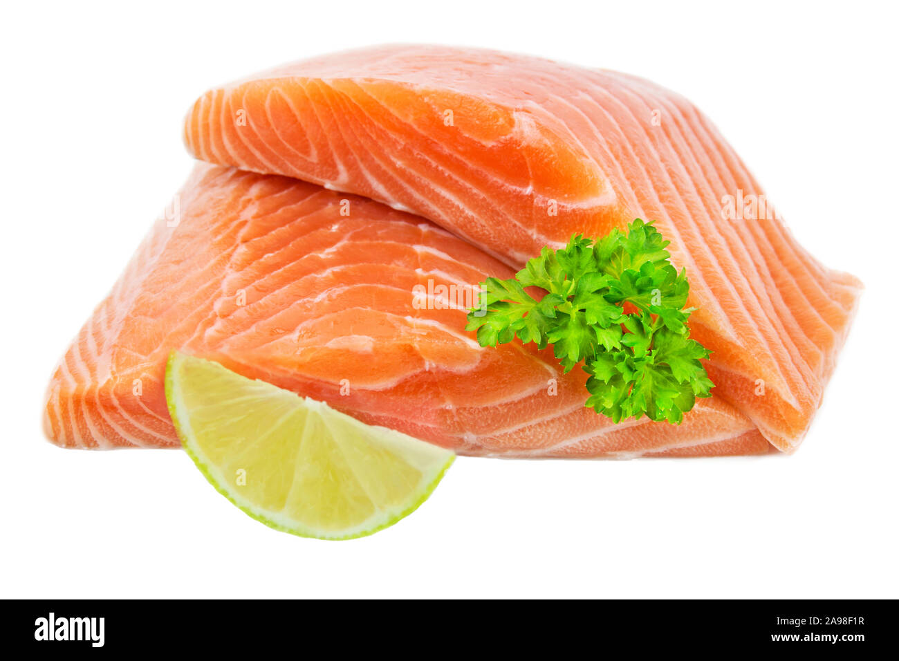 Lachs vor weißem Hintergrund Stockfoto