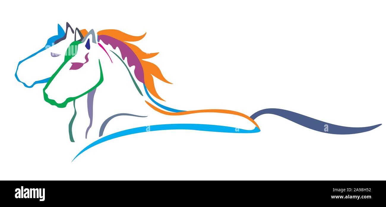 Bunt dekorativ Portrait im Profil von zwei Pferde, Vektor isoliert Abbildung in verschiedenen Farben auf weißem Hintergrund. Bild für Logo, d Stock Vektor