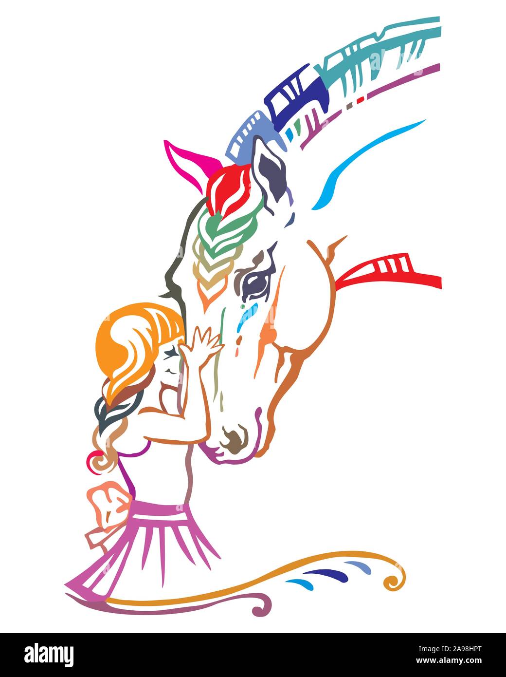 Mädchen umarmen Pferdekopf, bunt dekorativ Portrait im Profil von Mädchen und Pferd, Vektor isoliert Abbildung in verschiedenen Farben auf weißem backgro Stock Vektor