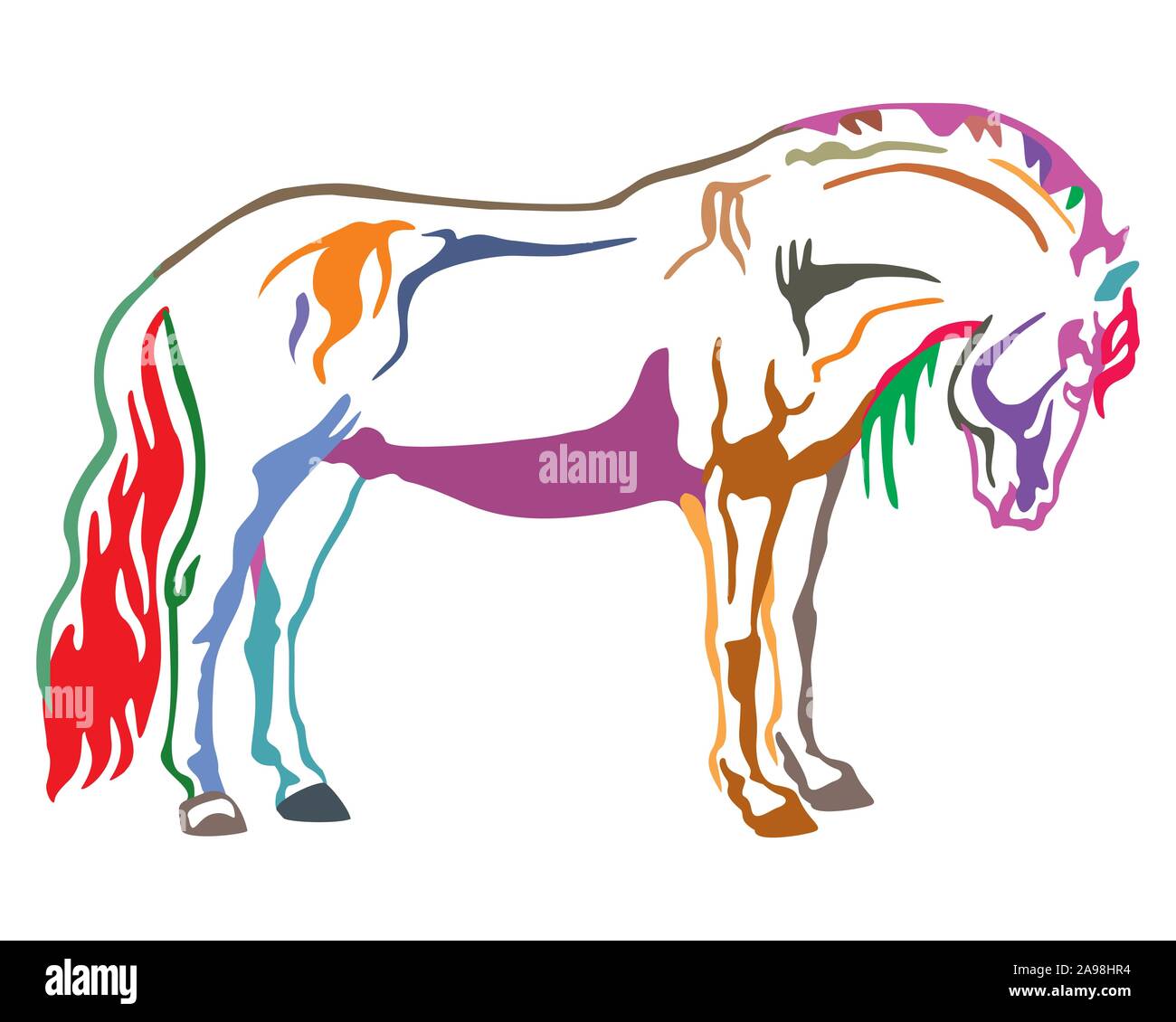 Bunt dekorativ Portrait von Pferd steht im Profil, Pferd Exterieur. Vektor isoliert Abbildung in verschiedenen Farben auf weißem Hintergrund. Bild Stock Vektor