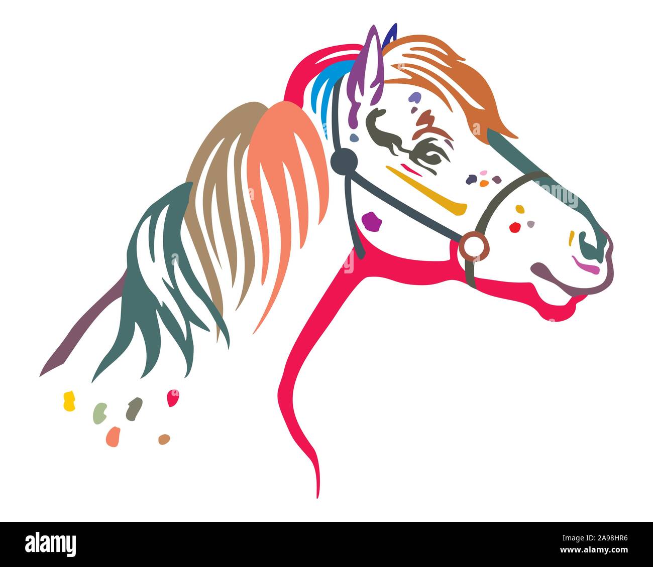 Bunt dekorativ Portrait im Profil der Pony in Zaum, Vektor isoliert Abbildung in schwarz auf weißem Hintergrund. Bild für Design und tatto Stock Vektor