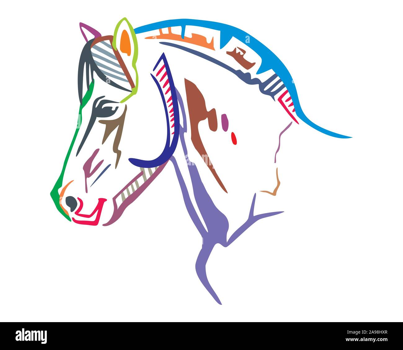 Bunt dekorativ Portrait im Profil von Pferd, Vektor isoliert Abbildung in verschiedenen Farben auf weißem Hintergrund. Bild für Design und Tattoo. Stock Vektor