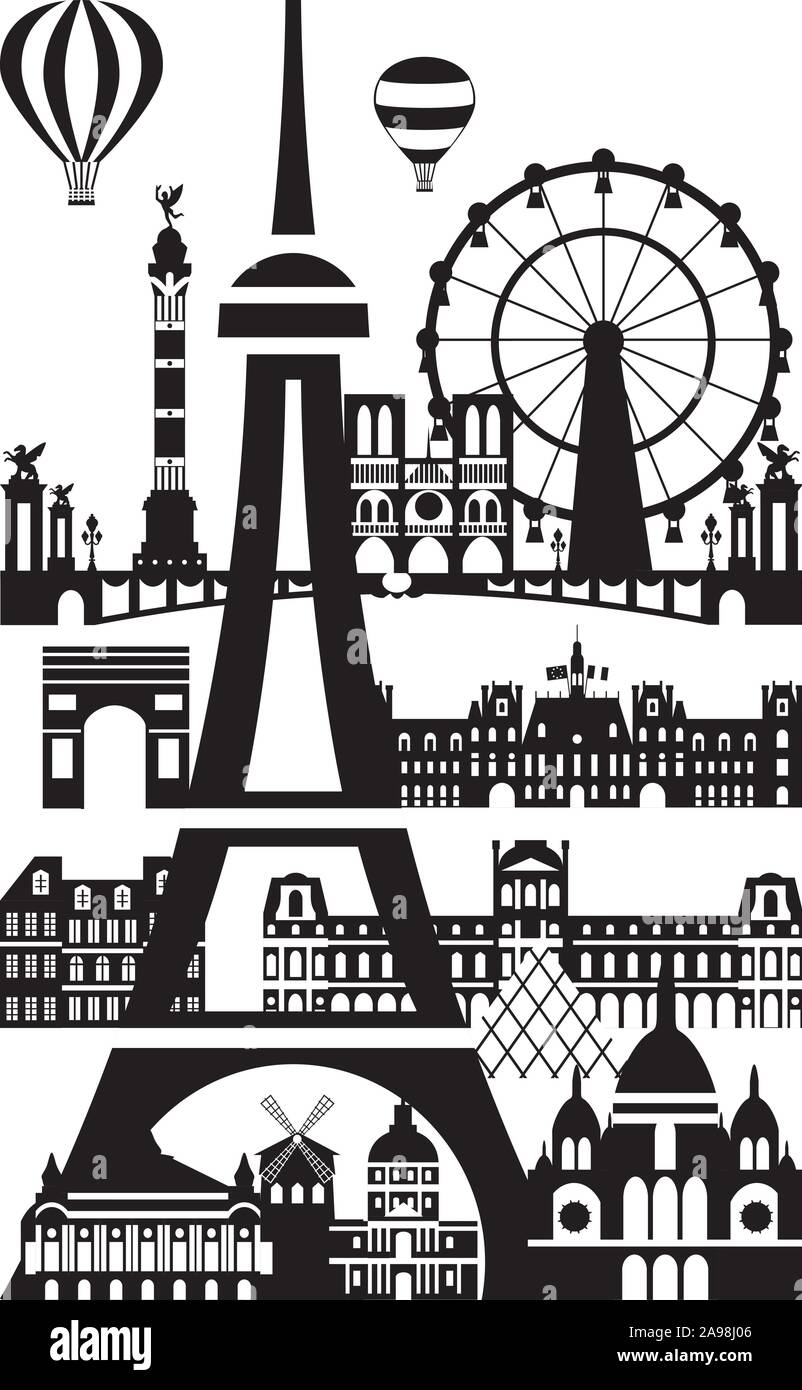 Poster mit Wahrzeichen von Paris, Vector Illustration in den Farben Schwarz und Weiß auf weißem Hintergrund. Vektor silhouette Abbildung: Sehenswürdigkeiten Stock Vektor