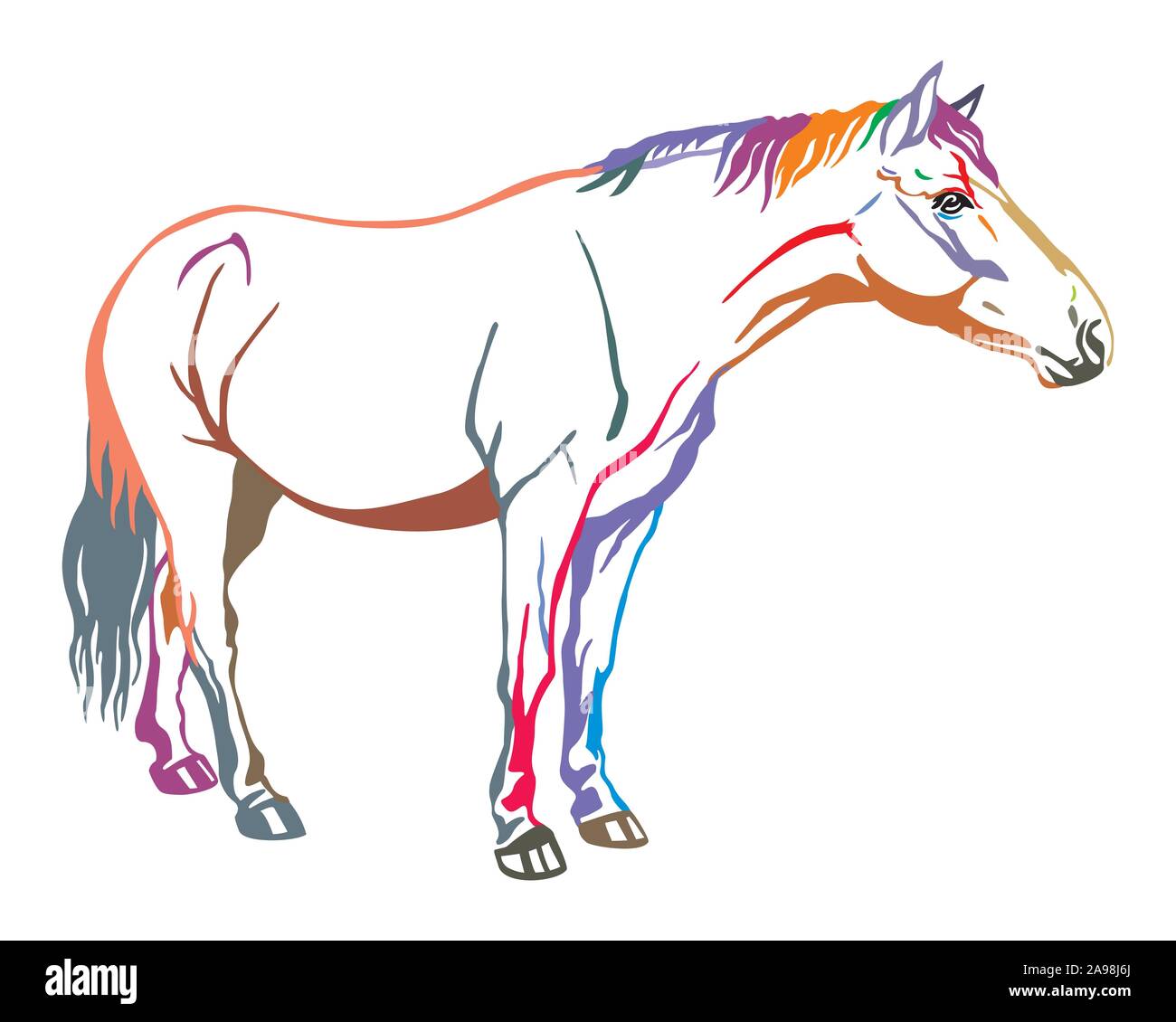Bunt dekorativ Portrait von Pferd steht im Profil, Pferd Exterieur. Vektor isoliert Abbildung in in verschiedenen Farben auf weißem Hintergrund. Im Stock Vektor