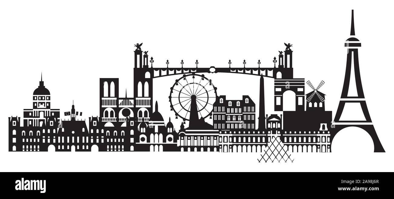 Panorama Paris City Skyline Vector Illustration in den Farben Schwarz und Weiß auf weißem Hintergrund. Vektor silhouette Abbildung: Wahrzeichen o Stock Vektor