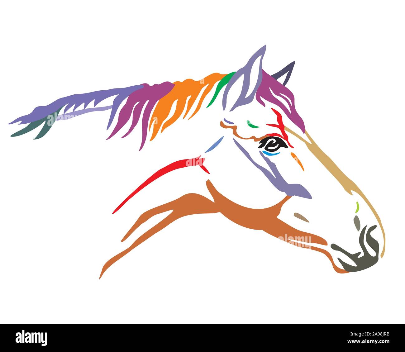 Bunt dekorativ Portrait im Profil von Pferd, Vektor isoliert Abbildung in verschiedenen Farben auf weißem Hintergrund. Bild für Design und Tattoo. Stock Vektor