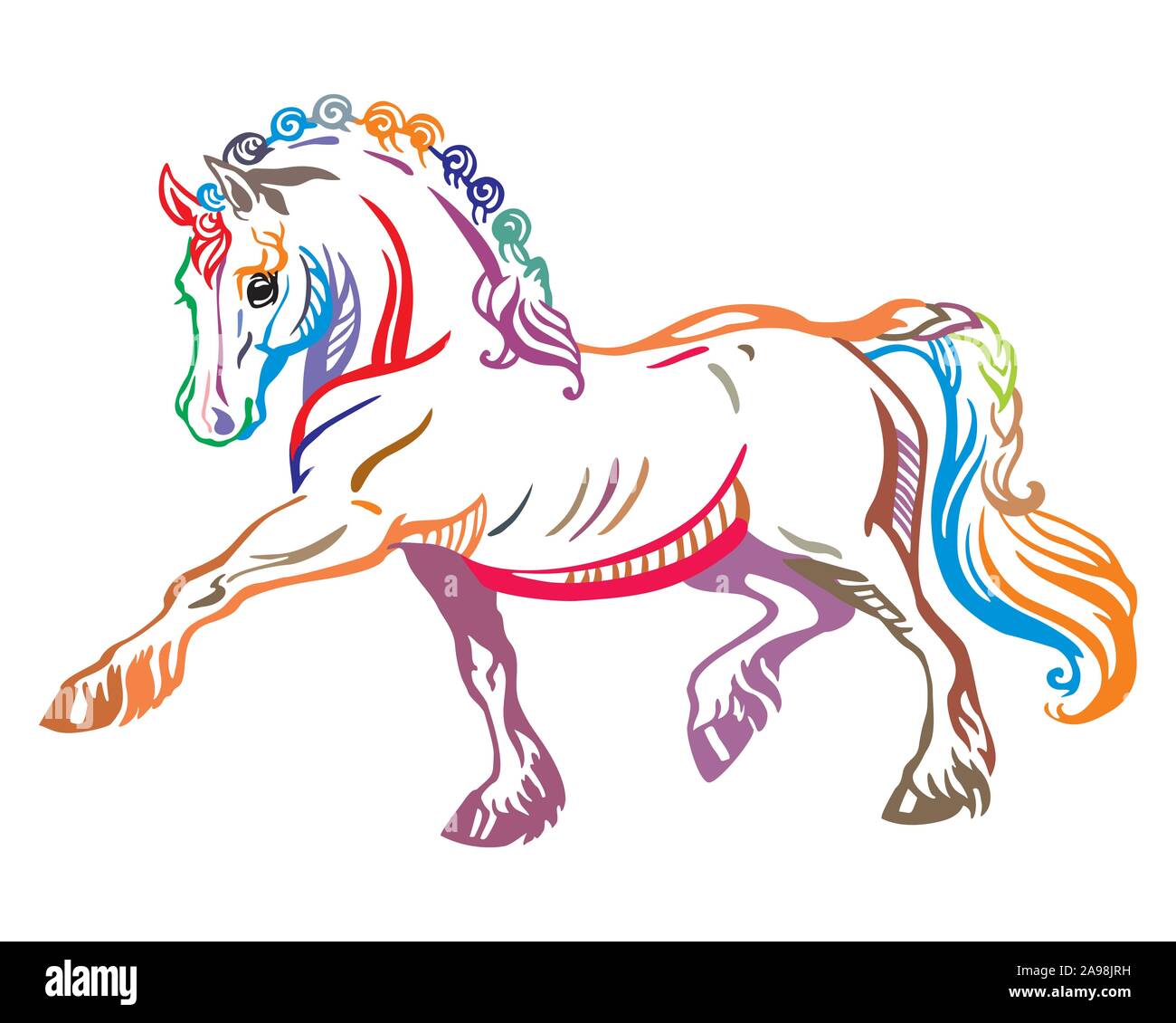 Bunt dekorativ Portrait von Pony Schritte im Profil, Ausbildung Pony. Vektor isoliert Abbildung in verschiedenen Farben auf weißem Hintergrund. Bild für Stock Vektor