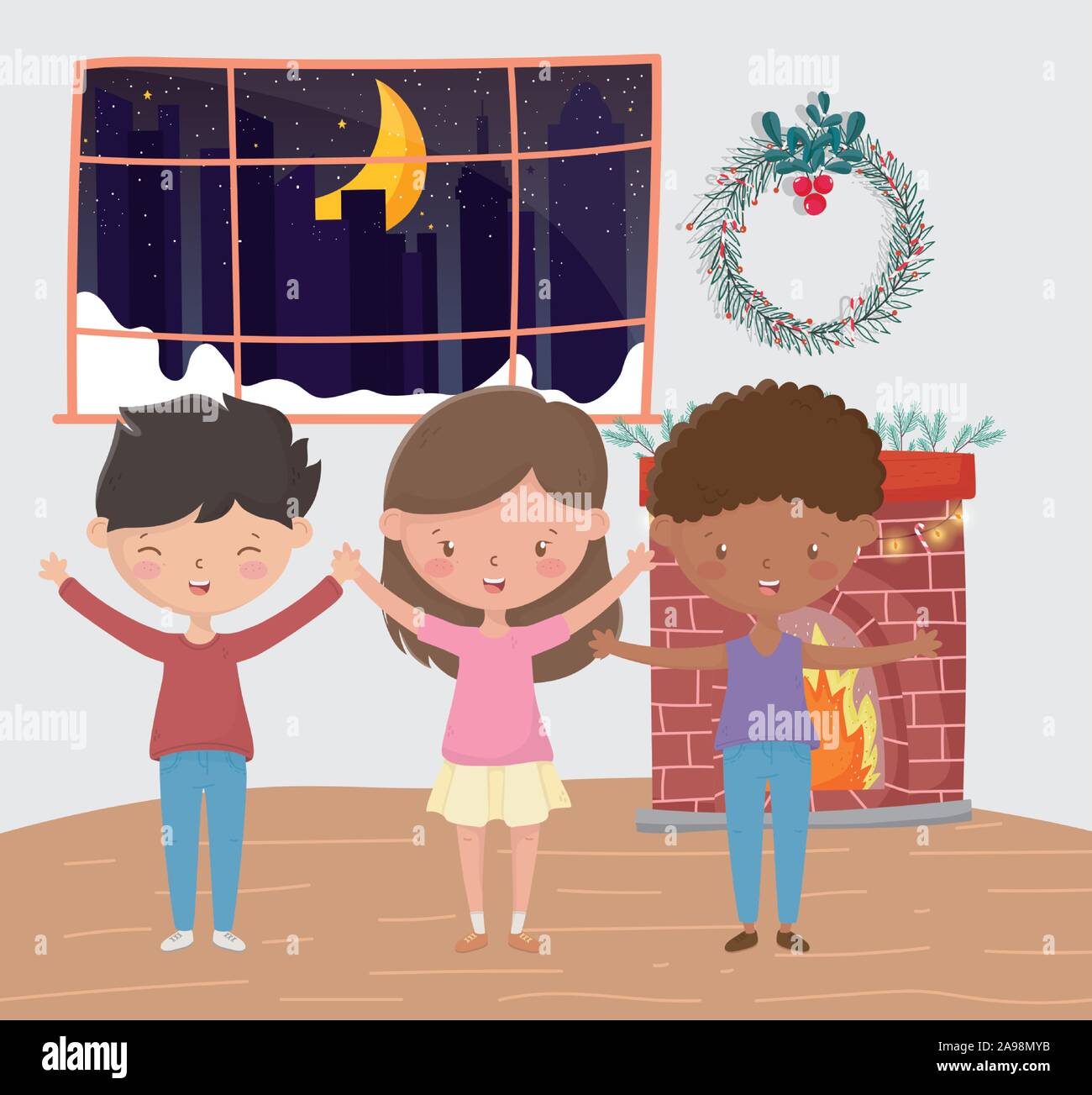Jungen und Mädchen Schornstein Kranz Zimmer Nacht frohe Weihnachten Vector Illustration Stock Vektor