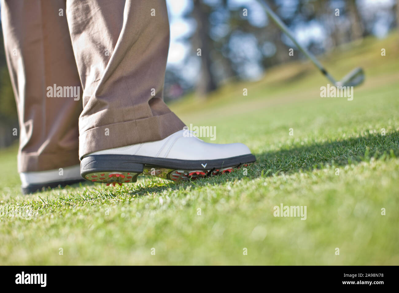 Weiße Golfschuhe stehen auf einem Golfplatz. Stockfoto