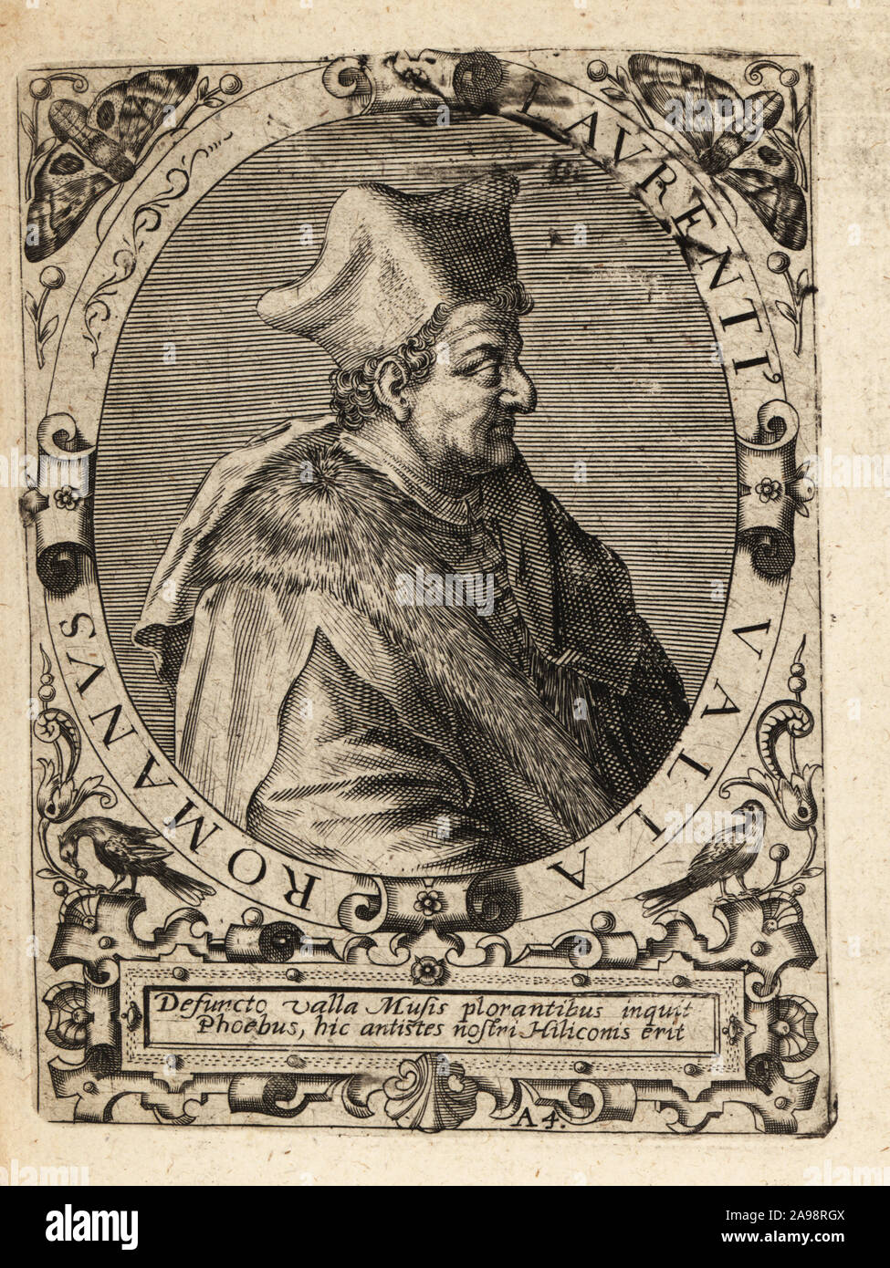 Lorenzo Valla, c 1407-1457, italienischer Humanist, Rhetoriker, Erzieher und katholischer Priester. Lavrenti Valla Romanus. Kupferstich von Johann Theodor de Bry von Jean-Jacques Boissard der Bibliotheca Chalcographica, Johann Ammonius, Frankfurt, 1650. Stockfoto