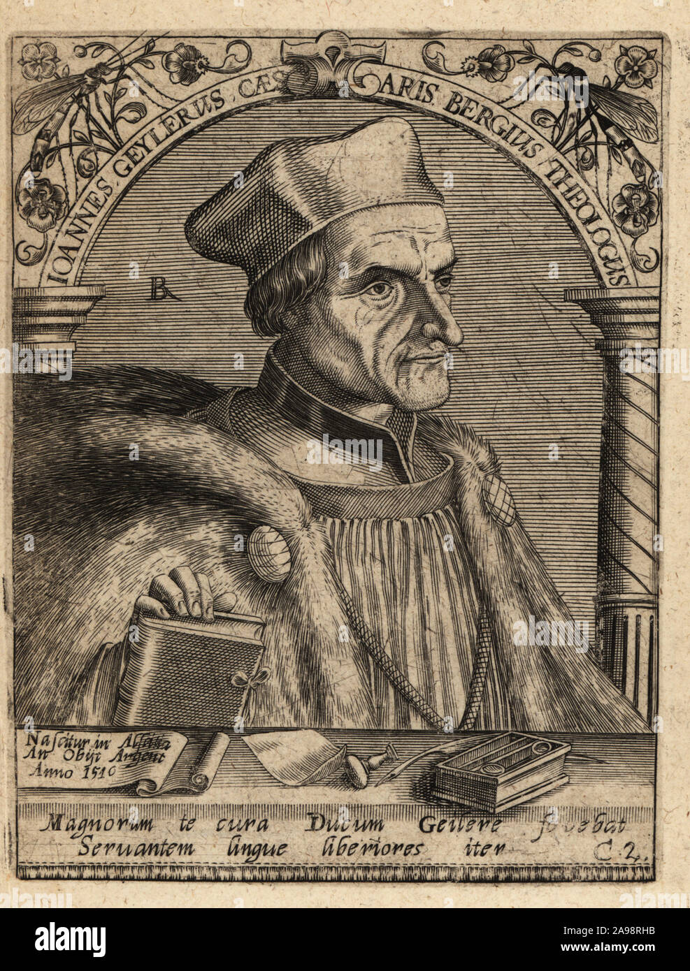 Johann Geiler von Kaisersberg, 1445-1510, schweizer Pfarrer, populäre Prediger des 15. Jahrhunderts. Joannes Geylerus Caesaris Bergius Theologus. Kupferstich von Johann Theodor de Bry von Jean-Jacques Boissard der Bibliotheca Chalcographica, Johann Ammonius, Frankfurt, 1650. Stockfoto