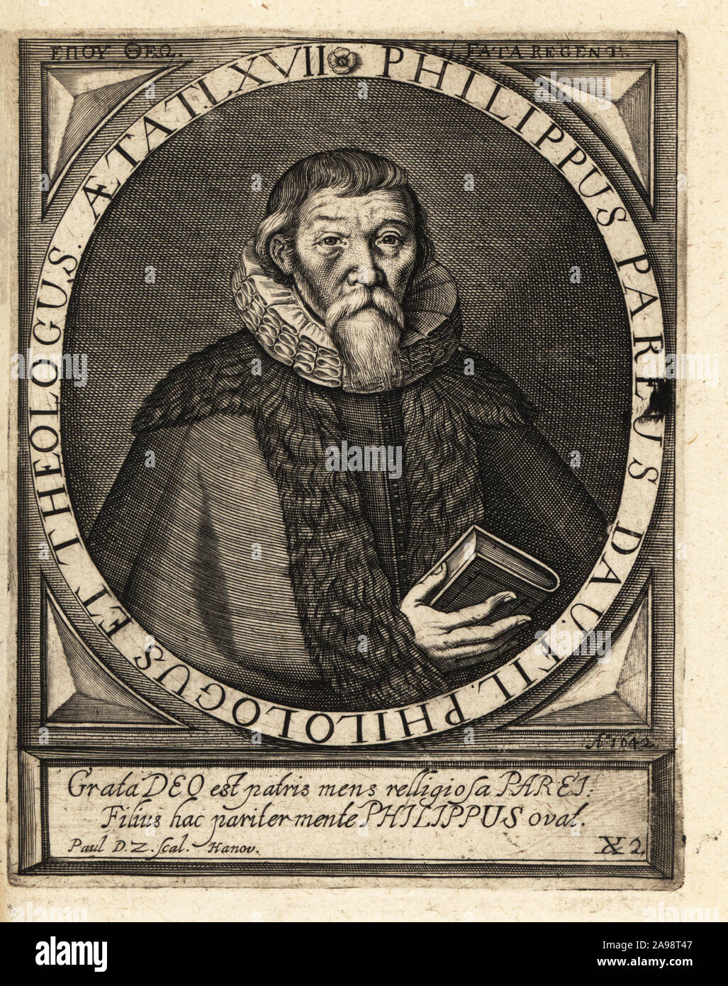 Johann Philipp Pareus, 1576-1648, Lateinischen Gelehrten, Theologen und reformistischen Pädagoge, im Alter von 67 Jahren. Johannes Philippus Pareus Dav Fil Philologus et Theologus Aetat LXVII. Kupferstich von Johann Theodor de Bry von Jean-Jacques Boissard der Bibliotheca Chalcographica, Johann Ammonius, Frankfurt, 1650. Stockfoto