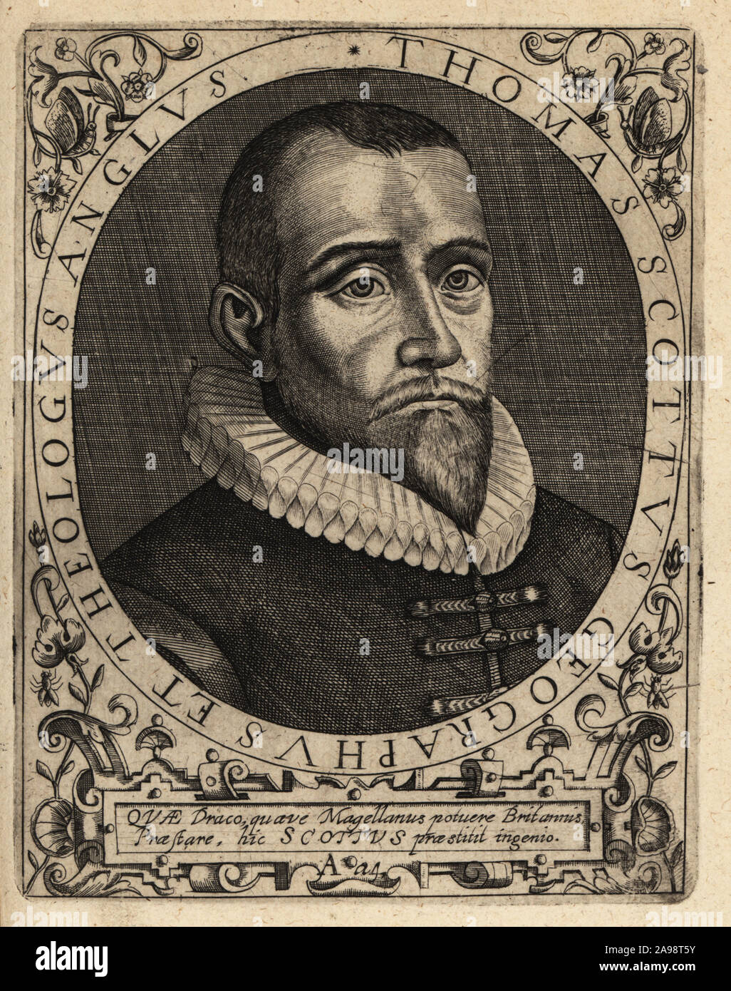 Thomas Scott, 1580-1626, englischer Prediger, Geograph, radikale Protestantische, anti-Spanischen und anti-katholischen pamphleteer. Thomas Scottus, Geographus et Theologus Anglus. Kupferstich von Johann Theodor de Bry von Jean-Jacques Boissard der Bibliotheca Chalcographica, Johann Ammonius, Frankfurt, 1650. Stockfoto