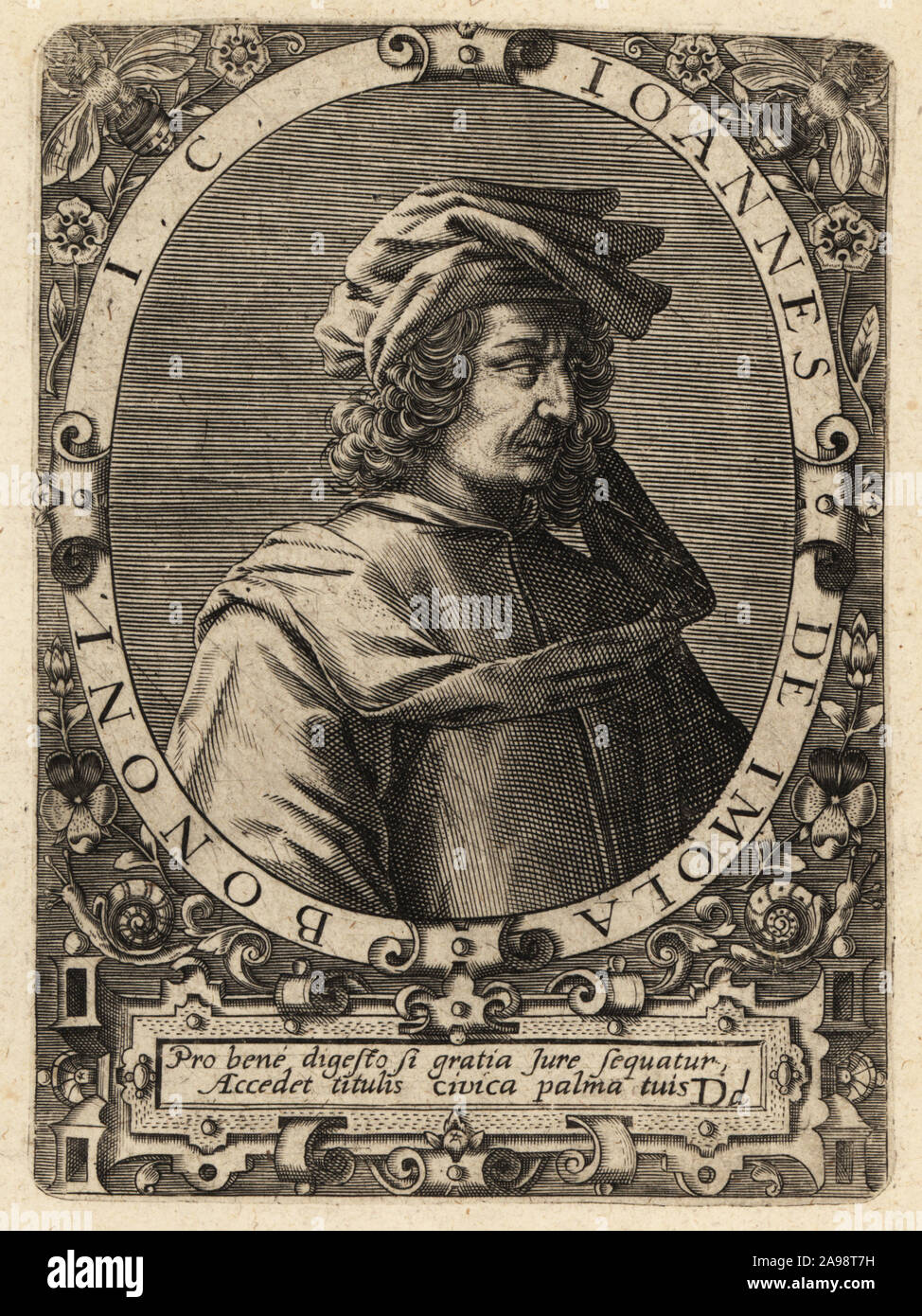 Giovanni Nicoletti, John von Imola, Johannes de Imola, 1370-1436, italienischer Jurist, Schüler von Baldus de Ubaldis. Johannes de Imola Bononi IC. Kupferstich von Johann Theodor de Bry von Jean-Jacques Boissard der Bibliotheca Chalcographica, Johann Ammonius, Frankfurt, 1650. Stockfoto