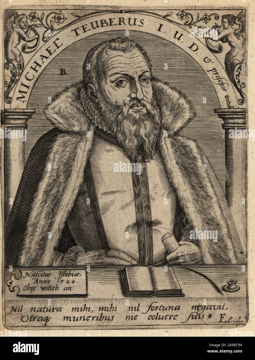 Michael Teuber, 1524-1586, deutscher Rechtswissenschaftler. Michael Teuberus IUP. Kupferstich von Johann Theodor de Bry von Jean-Jacques Boissard der Bibliotheca Chalcographica, Johann Ammonius, Frankfurt, 1650. Stockfoto Michael Teuber, 1524-1586, deutscher Rechtswissenschaftler. Michael Teuberus IUP. Kupferstich von Johann Theodor de Bry von Jean-Jacques Boissard der Bibliotheca Chalcographica, Johann Ammonius, Frankfurt, 1650. Stockfoto
