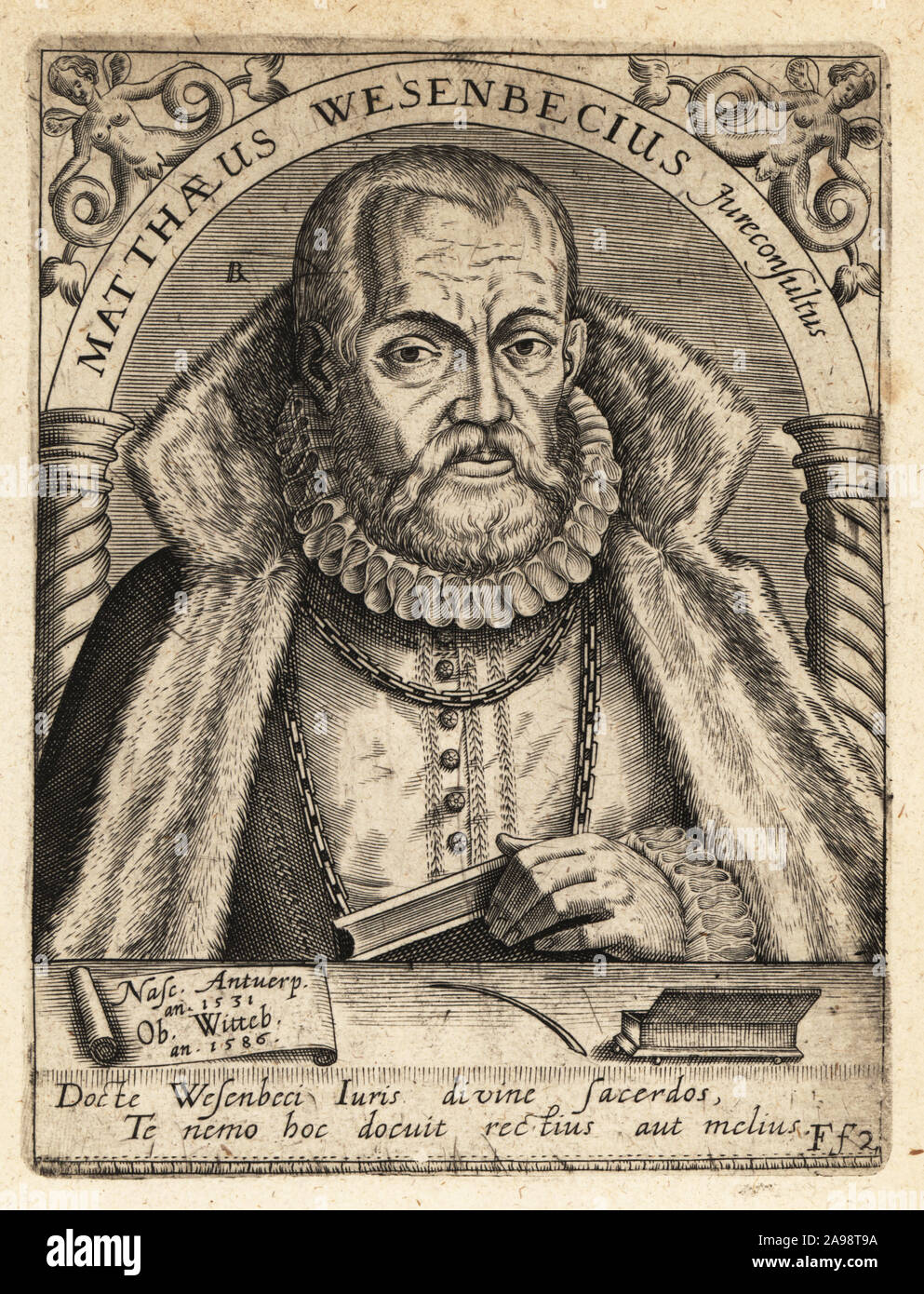 Matthäus Wesenbeck, 1531-1586, belgischer Jurist und Schüler von Gabriel Mudaeus. Matheus Wesenbecius Jureconsultus. Kupferstich von Johann Theodor de Bry von Jean-Jacques Boissard der Bibliotheca Chalcographica, Johann Ammonius, Frankfurt, 1650. Stockfoto Matthäus Wesenbeck, 1531-1586, belgischer Jurist und Schüler von Gabriel Mudaeus. Matheus Wesenbecius Jureconsultus. Kupferstich von Johann Theodor de Bry von Jean-Jacques Boissard der Bibliotheca Chalcographica, Johann Ammonius, Frankfurt, 1650. Stockfoto