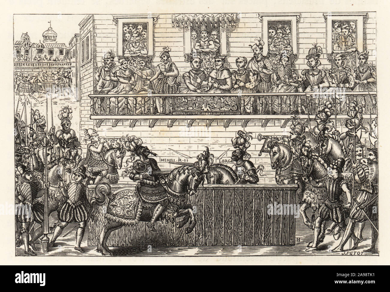 König Heinrich II. von Frankreich tödlich im Gesicht durch die Lanze des Gabriel de Montgomery in einem Turnier, 1559 verwundet. Aus dem 16. Jahrhundert zu drucken. Le roi Henri II Blesse par Montgomery dans un Tournoi. Holzschnitt von Jules Huyot von Paul Lacroix's La Vie Militaire et Religieuse au moyen Age et a l'Époque de la Renaissance, militärischen und religiösen Lebens im Mittelalter und in der Renaissance, Paris, 1873. Stockfoto