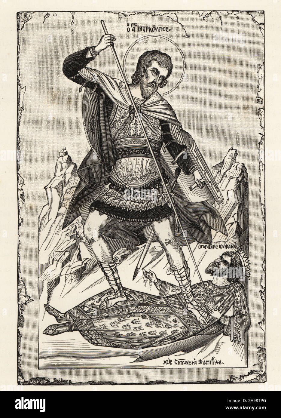 Saint Mercurius Tötung Julian der Abtrünnige, AD363. Von einem griechischen Malerei des 16. Jahrhunderts. Vision de saint Basile le Grand. Le martyr de Cesaree, saint Mercure, envoye du Ciel par le Christus. Holzschnitt aus Paul Lacroix's La Vie Militaire et Religieuse au moyen Age et a l'Époque de la Renaissance, militärischen und religiösen Lebens im Mittelalter und in der Renaissance, Paris, 1873. Stockfoto