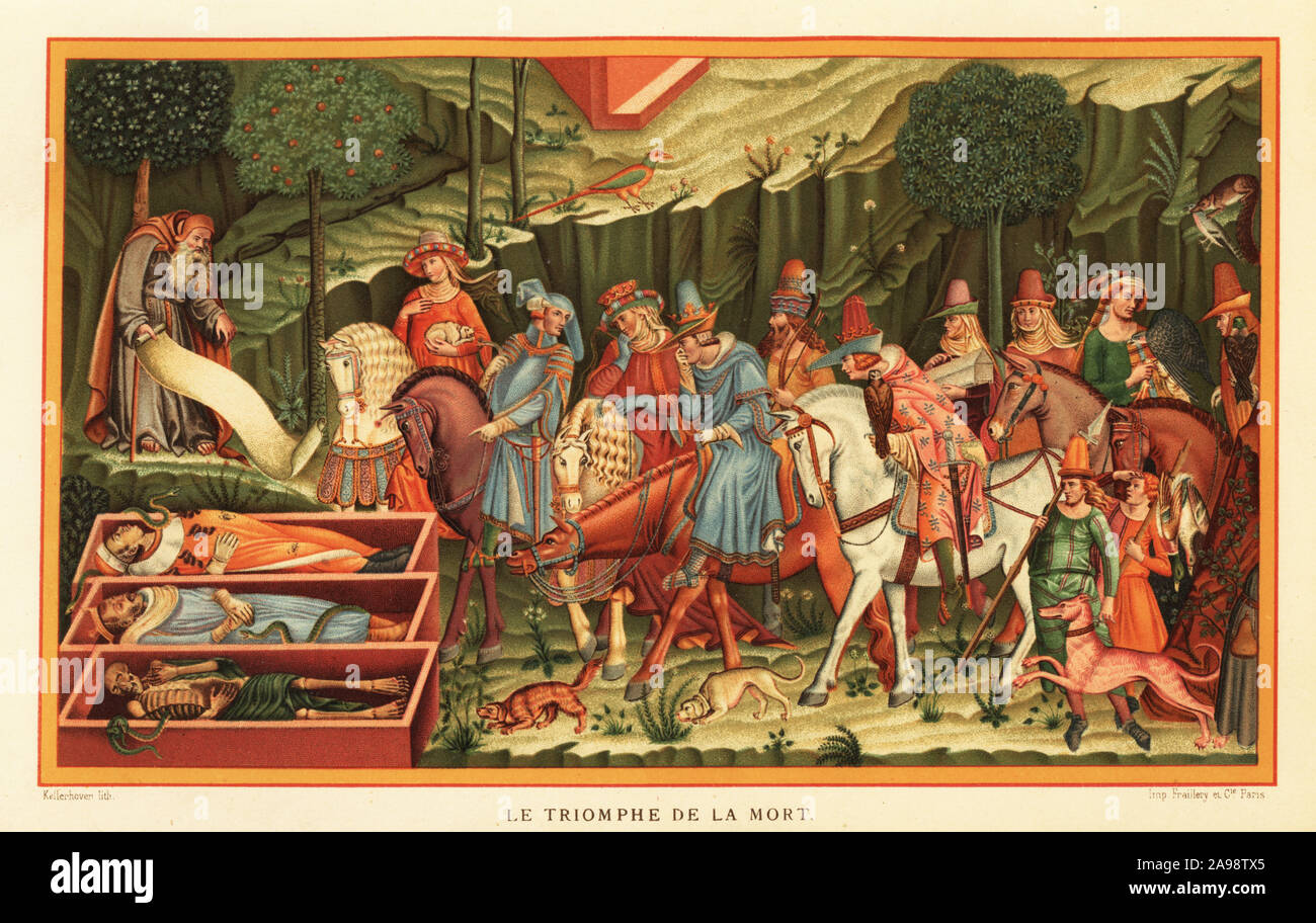 Die Lebenden und die Toten aus dem Triumph des Todes. Saint Crawford liest ein Buch und zeigt drei verwesenden Leichen in offenen Särge zu einer Gruppe von jungen Männern und Frauen die Jagd. Le Triomphe de La Mort. Fresko von Buonamico Buffalmacco in den Kreuzgängen der Camposanto, Pisa, 14. Von Franz chromolithograph Kellerhoven von Paul Lacroix's La Vie Militaire et Religieuse au moyen Age et a l'Époque de la Renaissance, militärischen und religiösen Lebens im Mittelalter und in der Renaissance, Paris, 1873. Stockfoto