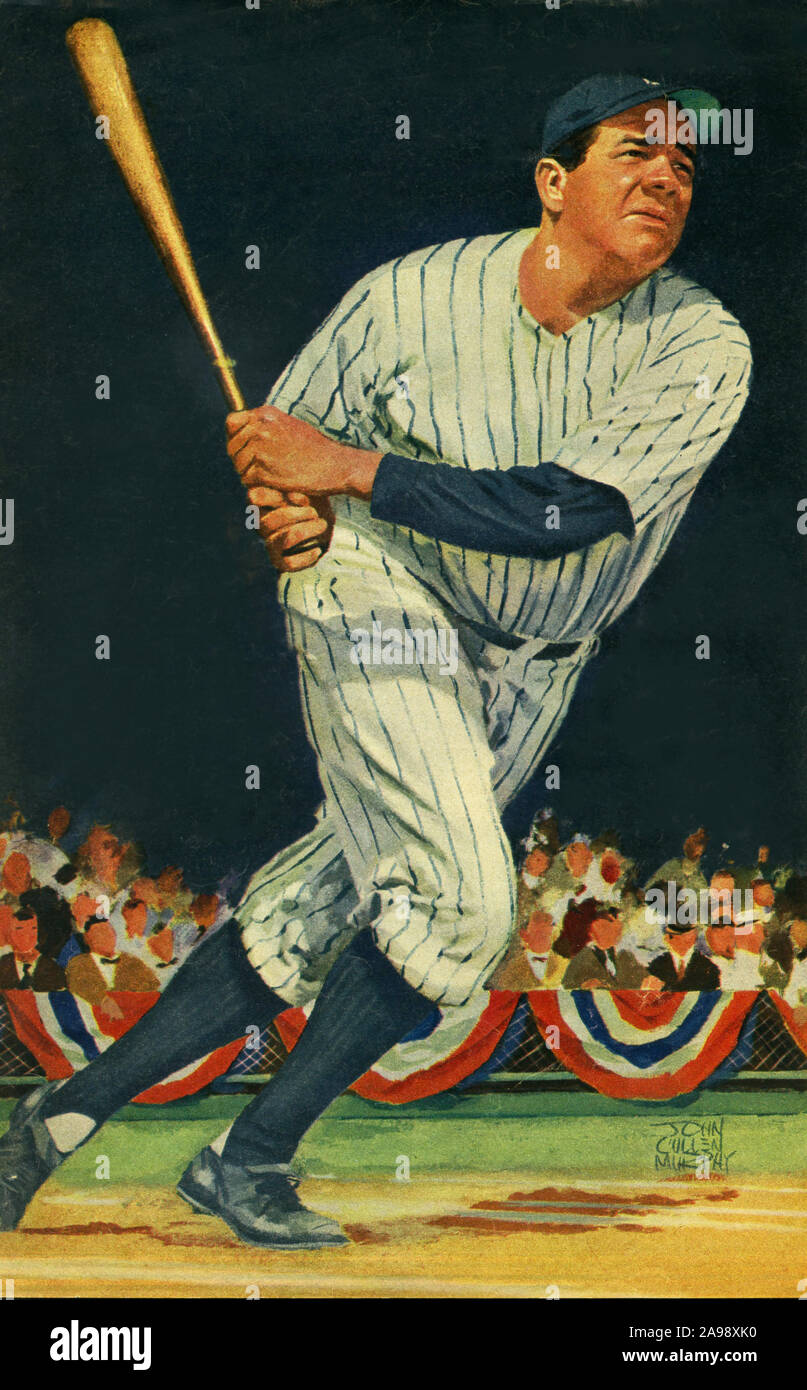 Vintage Magazine Illustration des legendären New York Yankee baseball Player und Hall of Famer Babe Ruth von John Cullen Murphy. Stockfoto