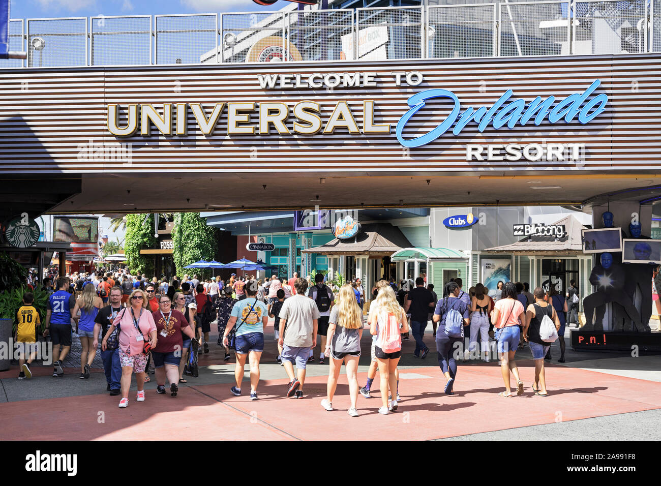 Theme Park Eingang und Zeichen, Zugang, Wandern, Universal Orlando Resort, Universal Studios, Florida, USA Stockfoto