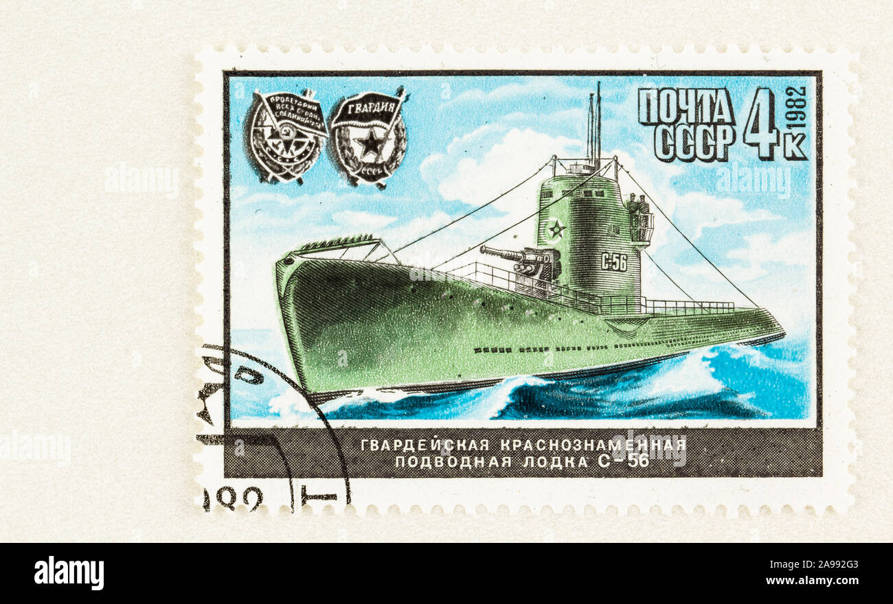 SEATTLE, Washington - Oktober 4, 2019: Russische Briefmarke mit militärischen u-boot C-56, einem erfolgreichen Sowjetischen sub aus dem zweiten Weltkrieg. Scott #5085 Stockfoto