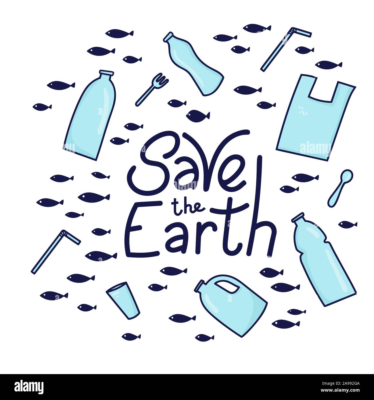 Speichern Sie die Erde Vector Illustration. Plastik Müll (Beutel, Flasche) im Ozean Grafik Design. Wasser Abfall problem kreatives Konzept. Eco problem Banner mit restriktiven unterzeichnen. Stock Vektor