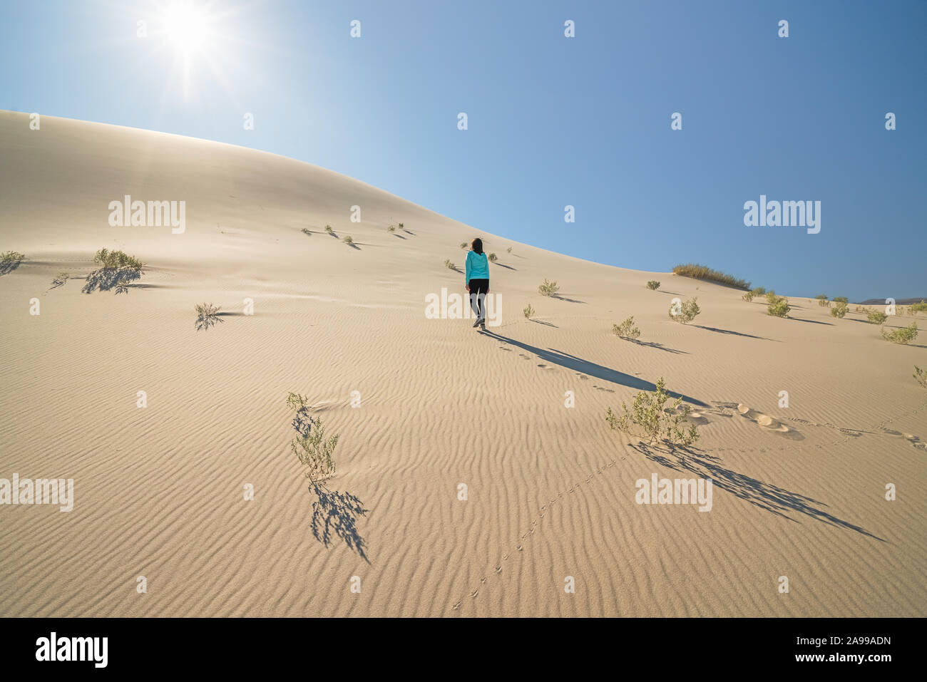 Hiling in der Wüste. Eureka Dünen, Death Valley National Park, Kalifornien Stockfoto