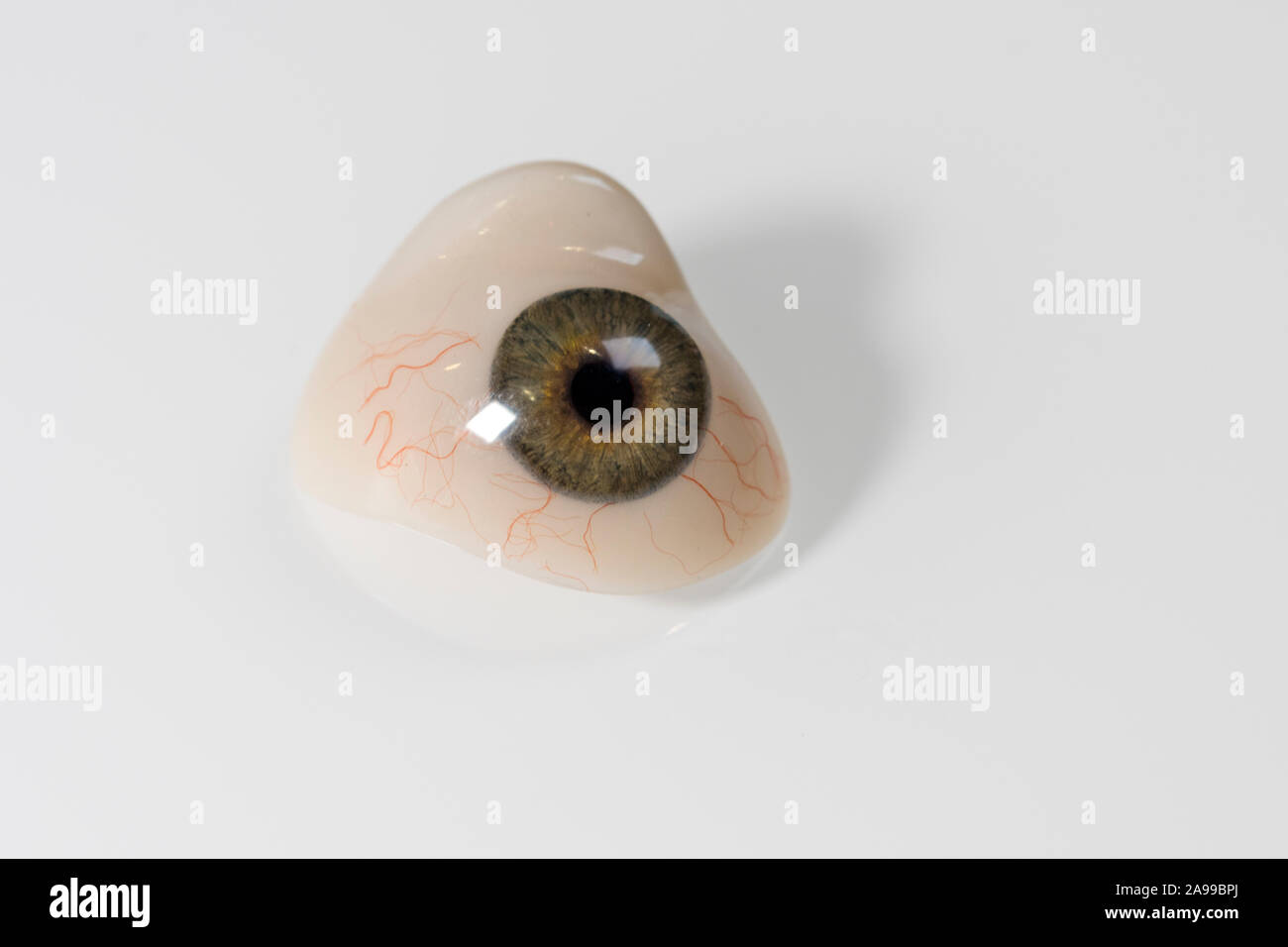 Glass Eye Prothesen oder augenfällige Prothese mit Schatten auf weißem Glas Stockfoto