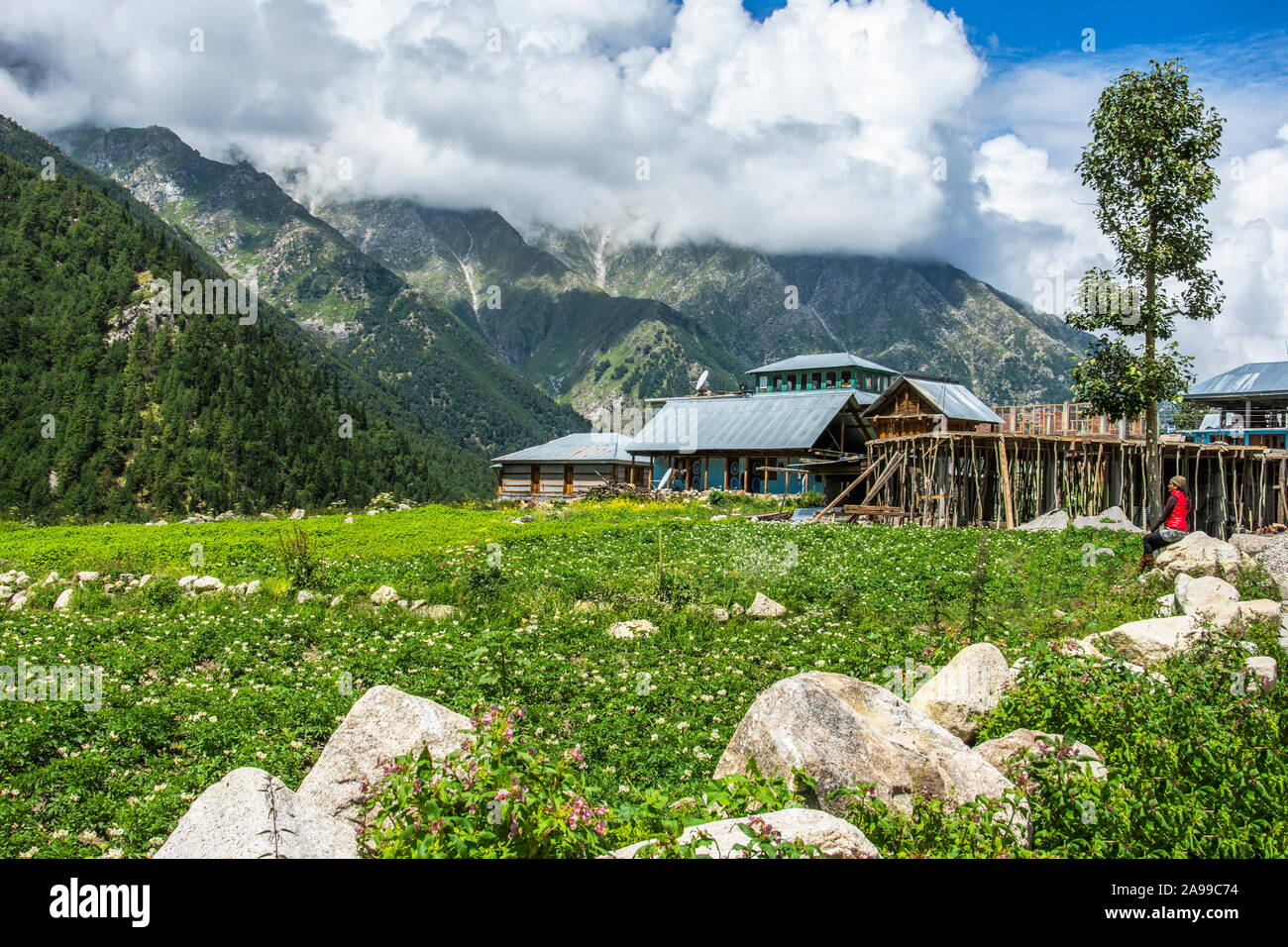 Holzhäuser und Bergkulisse, Chitkul Valley, Himachal Pradesh, Indien Stockfoto