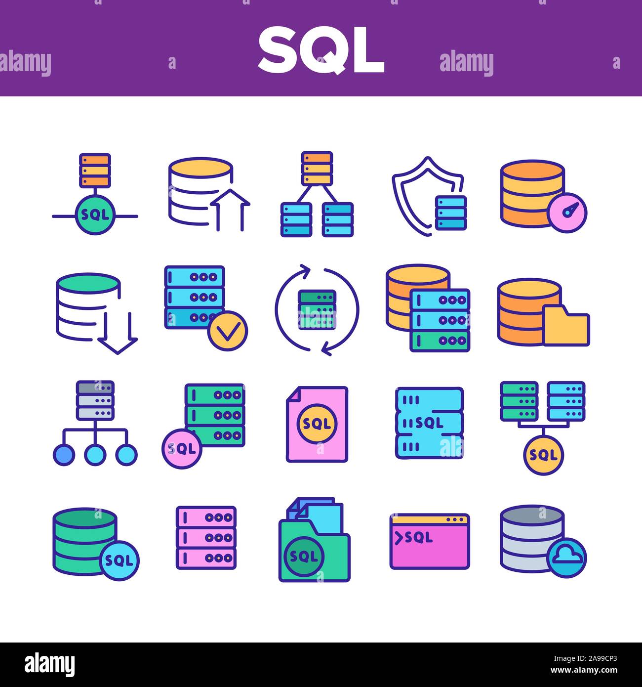 Sql-Datenbank Sammlung Elemente Icons Set Vector Stock Vektor