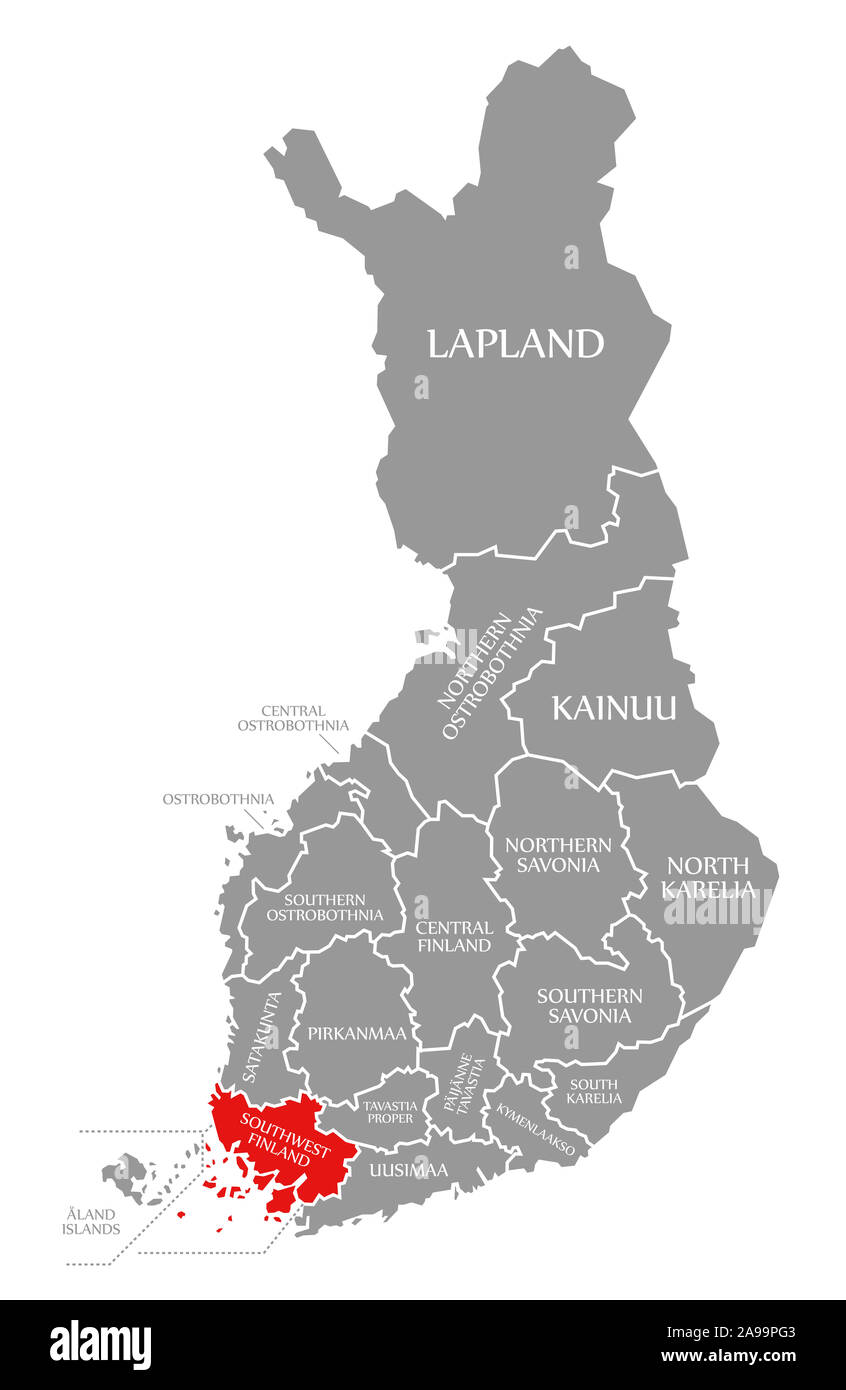 Südwestfinnland in Rot hervorgehoben Karte von Finnland Stockfoto