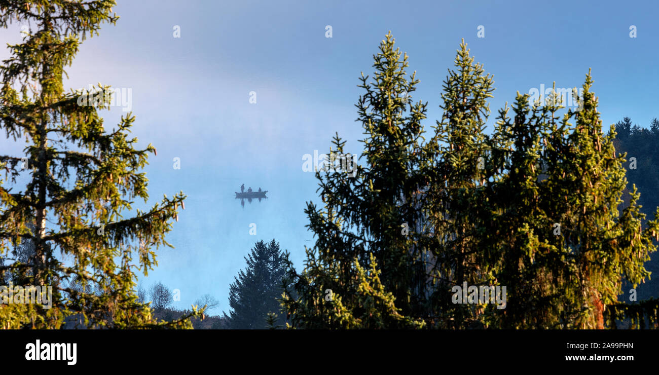 Fischer in den frühen Morgenstunden mit Nebel am Morgen Licht auf Titisee, Titisee-Neustadt, Schwarzwald, Deutschland Baden-Württemberg, Stockfoto