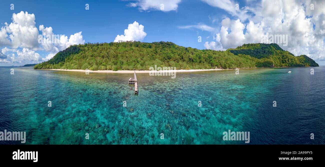 Saumriff, Steg und Strand vor selayar Dive Resort Selayar Island, South Sulawesi, Indonesien Stockfoto