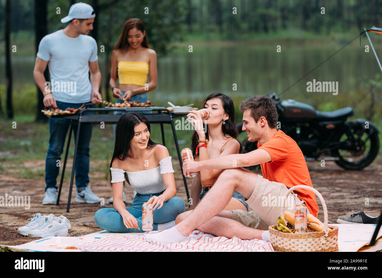 Glücklich machen ein Picknick Party trinken ganzberg Bier mit Freunden und Grill am Wochenende Stockfoto