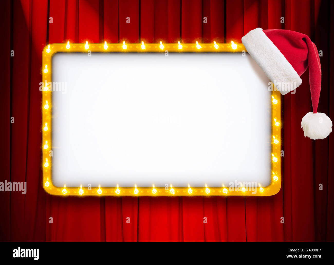 Licht mit gold rahmen und Weihnachtsmütze Rot, Theater oder Kino Vorhang Hintergrund Stockfoto