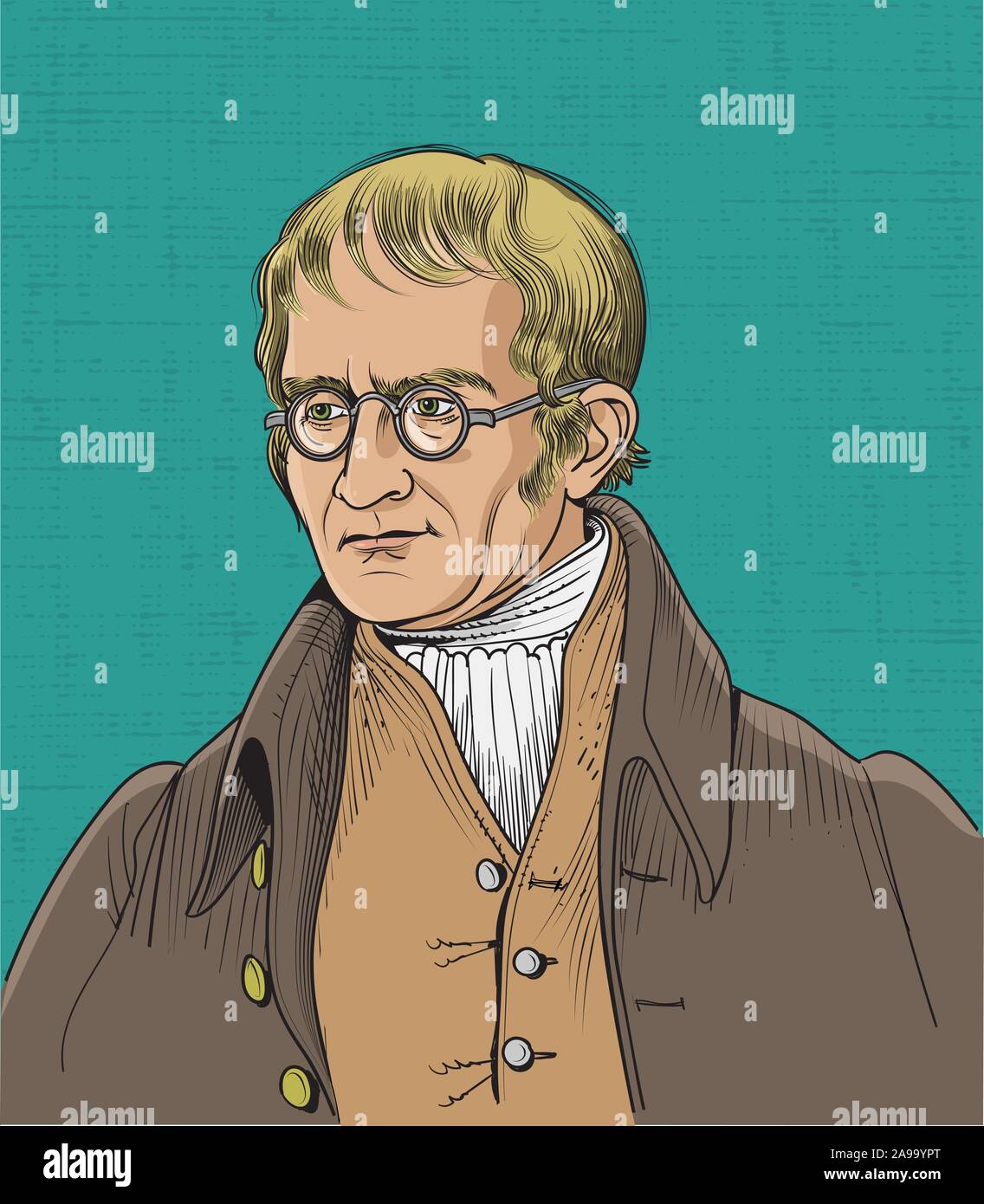 John Dalton cartoon Portrait. Er war ein englischer Chemiker, Physiker und Meteorologe. Er stellte die moderne Atomtheorie in Chemie. Stock Vektor